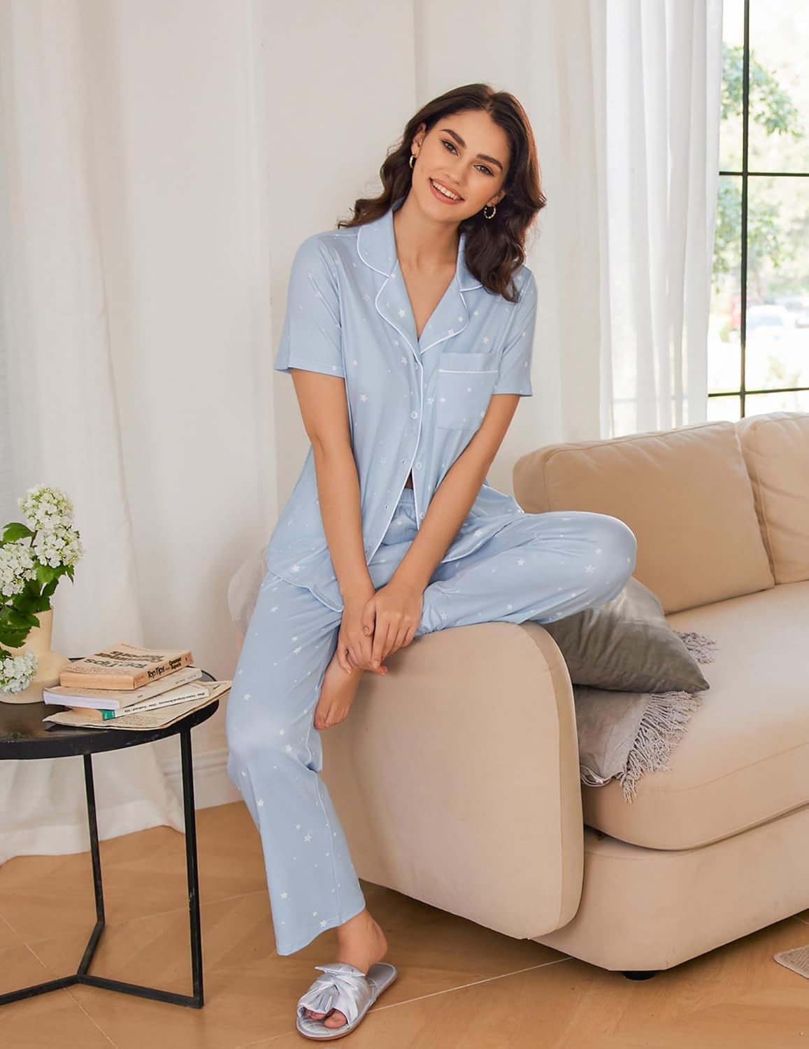 Ekouaer 2 Pack：Womens Pajamas Short Sleeve Pjs Notch Collar Button Up Loungewear Cozy Sleepwear Sets - Image 5