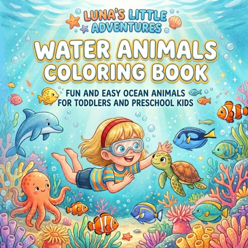 Water Animals Coloring Book: Fun & Easy Ocean Animals for Toddlers and Preschool Kids (Luna's Little Adventures)