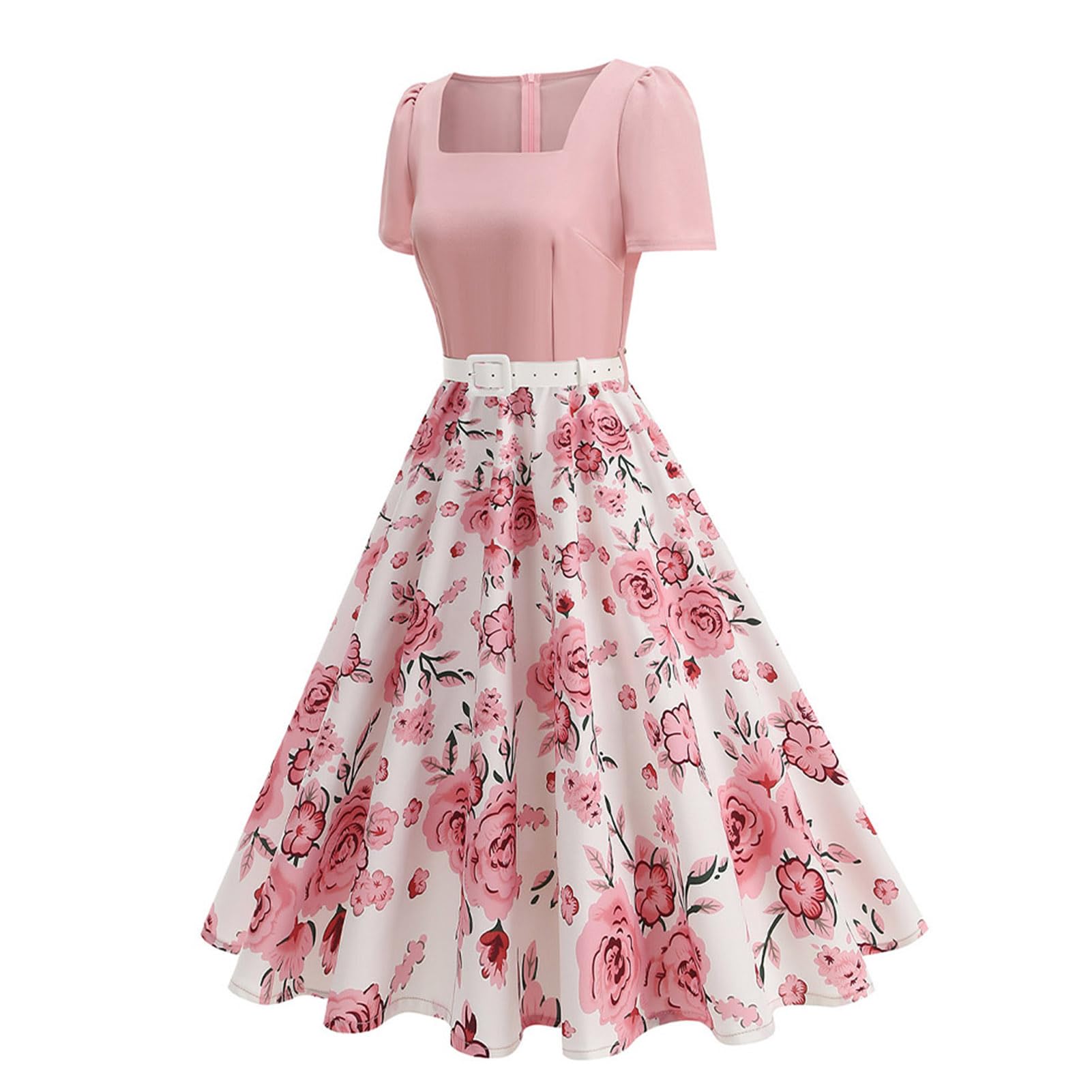 Robe de style années 50 pour femme - Style vintage - Manches courtes bouffantes - Col carré - Robe de cocktail avec ceinture