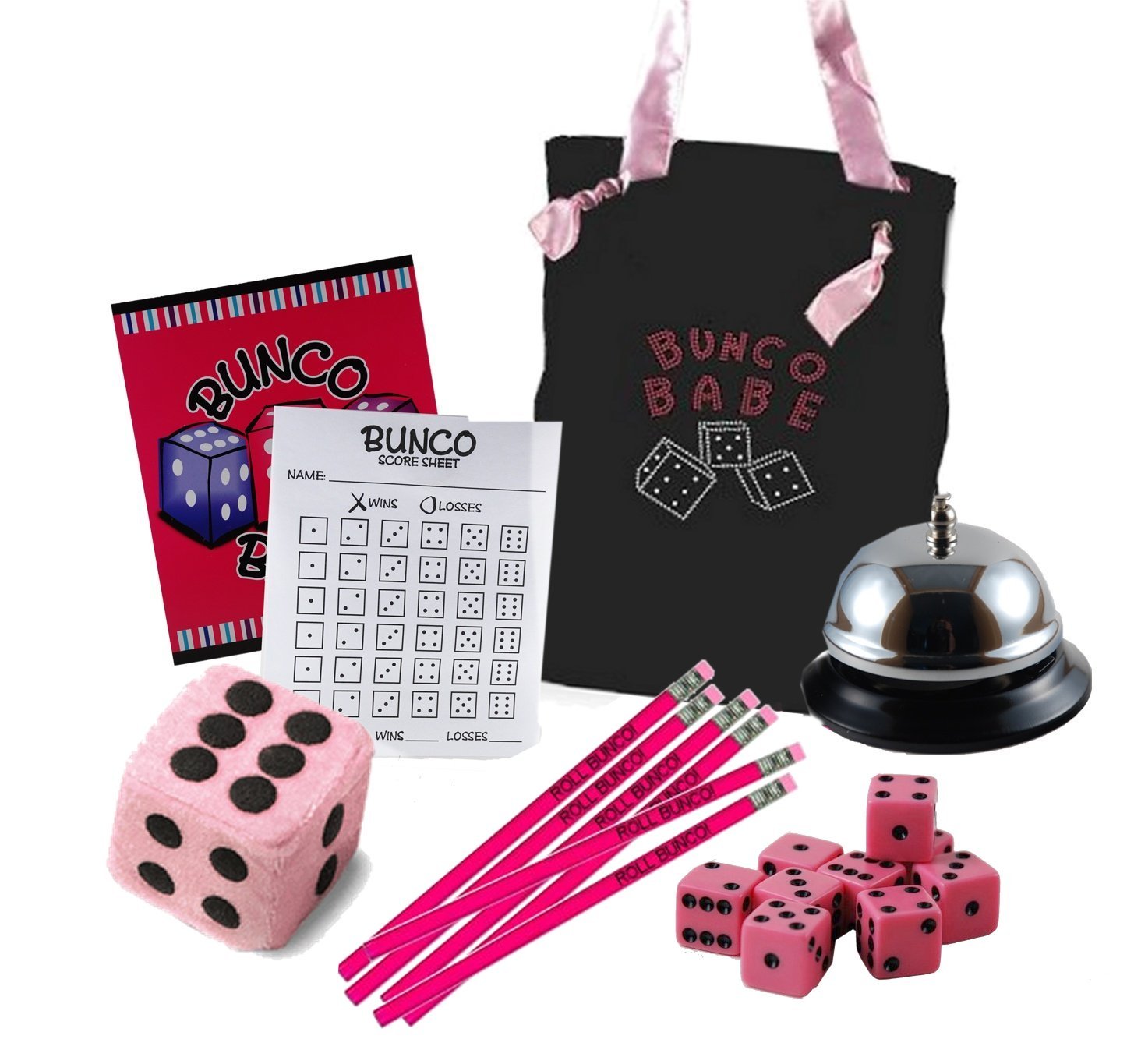 Bunco Babe Game Kit for 12 Players – All-in-One Bunco Party Supplies Starter Set with Tote Bag, Dice, Score Sheets, Pencils, Bell & Plush Die –