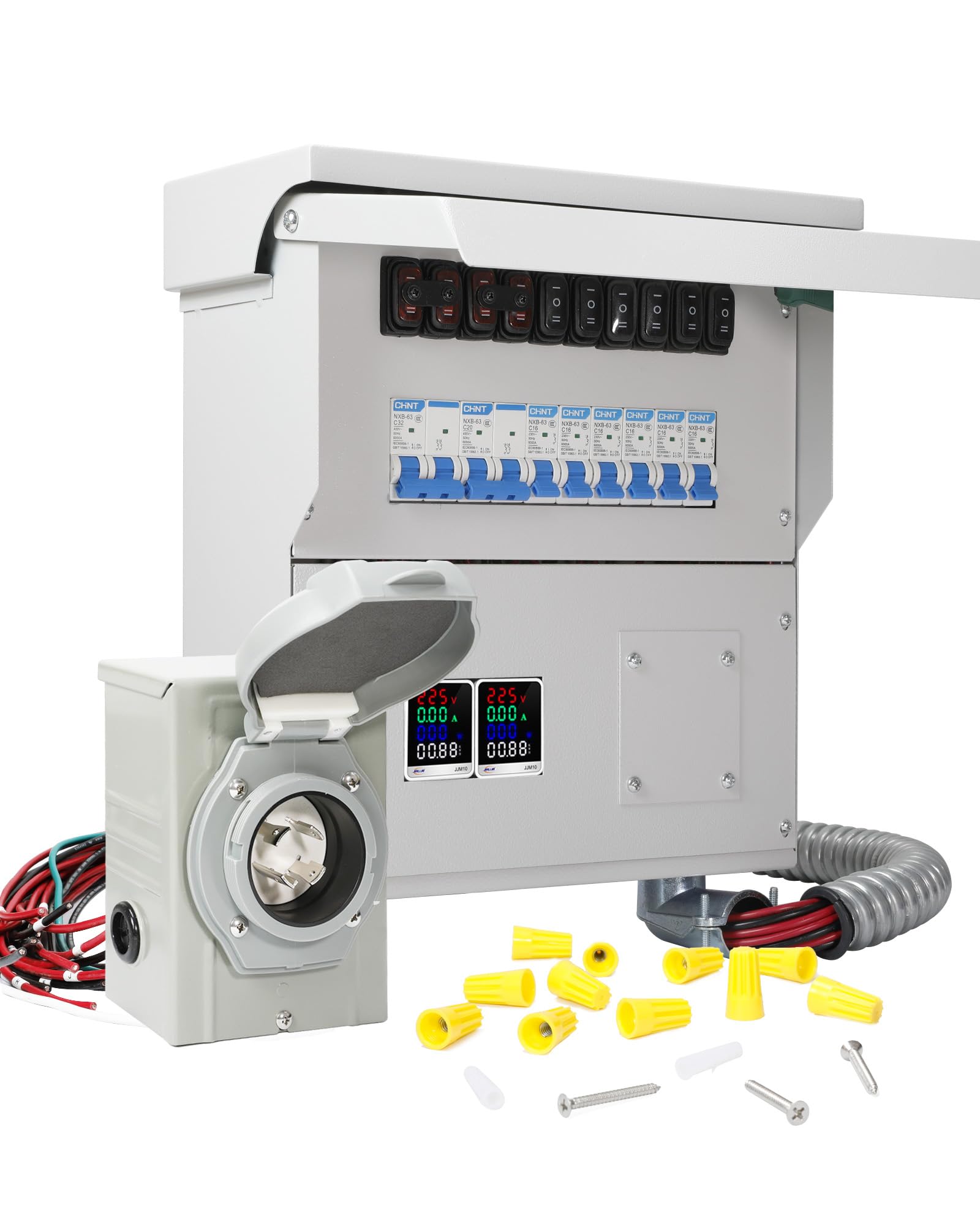 Wriboard Upgraded 30A 10 Circuit Transfer Switch with 2 Digital Display Energy Meter with L14-30p Optional Power Inlet, IP 67 Waterproof, Pre-Wired, Transfer Switch Suitable for Indoor and Outdoor Use