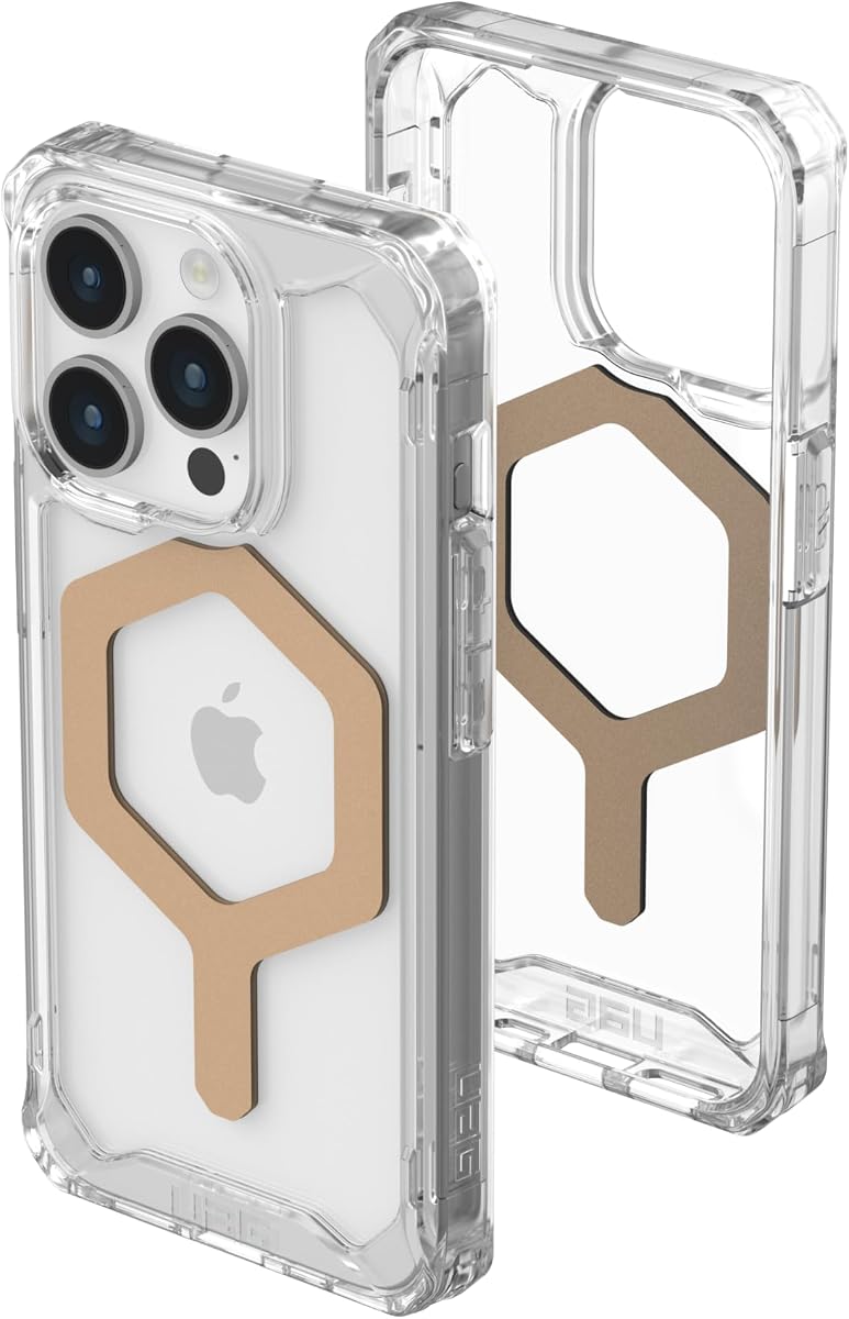 UAG Case Compatible with iPhone 15 Pro Case 6.1" Plyo Ice/Gold Built-in Magnet Compatible with MagSafe Charging Rugged Anti-Yellowing Transparent Clear Dropproof Protective Cover