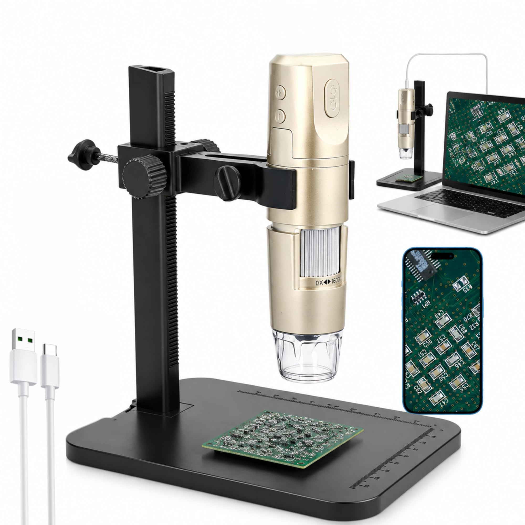 Microscopio Digital USB 1600X WiFi Microscopio de Aprendizaje Inalámbrico Fotografía y Grabación 1080P, con 8 LED y Soporte Ajustable para Profesores, Estudiantes, Colecci