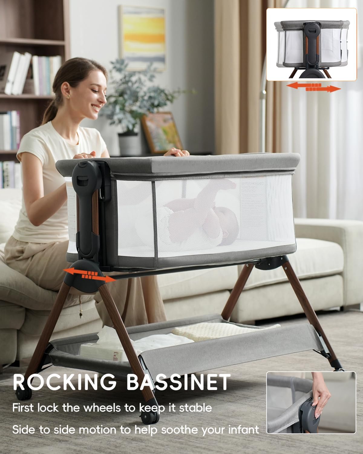 Bassinet - Baby Bassinet,3-in-1 Baby Bassinet Bedside Sleeper, Rocking Bassinet with Wheels,Breathable Sheet,Full-Mesh Sides,Storage,6 Height Adjustable Crib, for Day and Night(Mesh Grey)