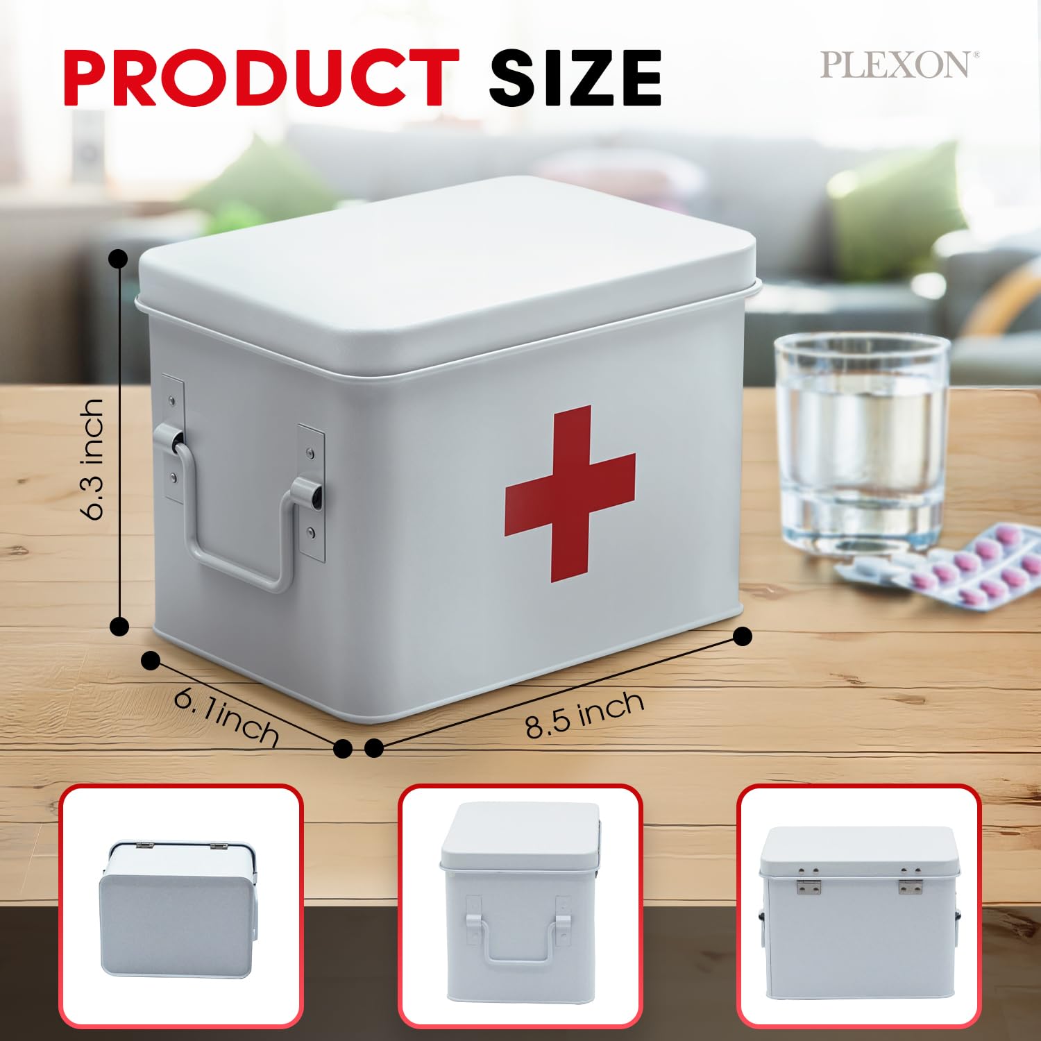 Plexon Contenitore per forniture di primo soccorso, scatola di latta in metallo da 21,6 cm, organizer per pronto soccorso, kit di pronto soccorso bianco
