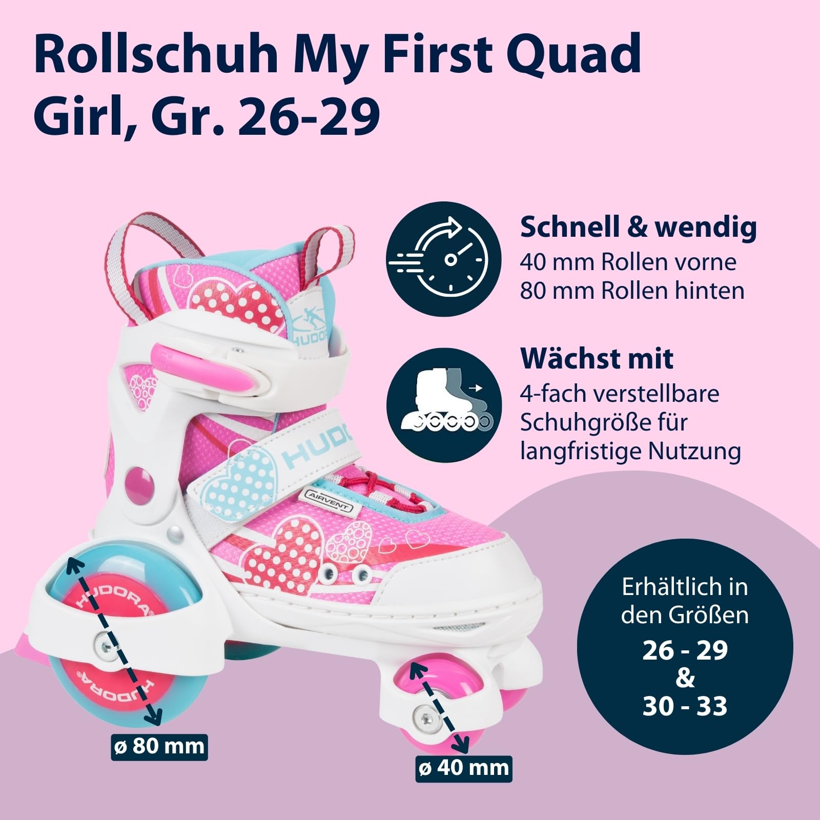 HUDORA Rollschuh My First Quad in versch. Größen & Farben - hochwertige Rollschuhe für Kinder bis 20kg - Kinder Rollschuhe größenverstellbar - sichere Einsteiger-Rollerskates mit großen Rollen