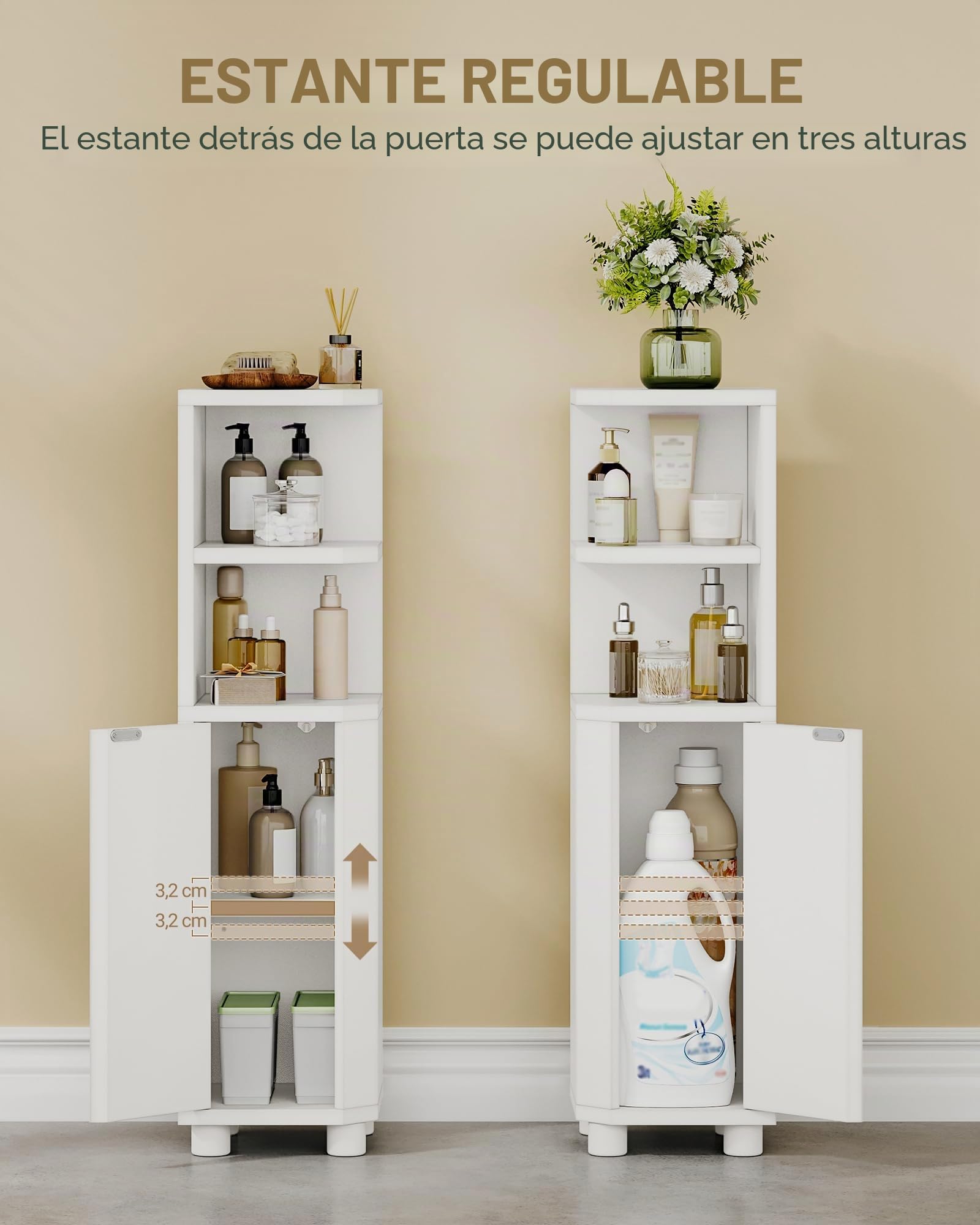 Hzuaneri Mueble de Baño, Armario Organizador de Baño con Puertas Dobles y Estante Ajustable, Unidad de Almacenamiento Estrecha para Inodoro, 2 Espacios Abiertos, 20 x 20 x 79 cm, Blanco BC20003X