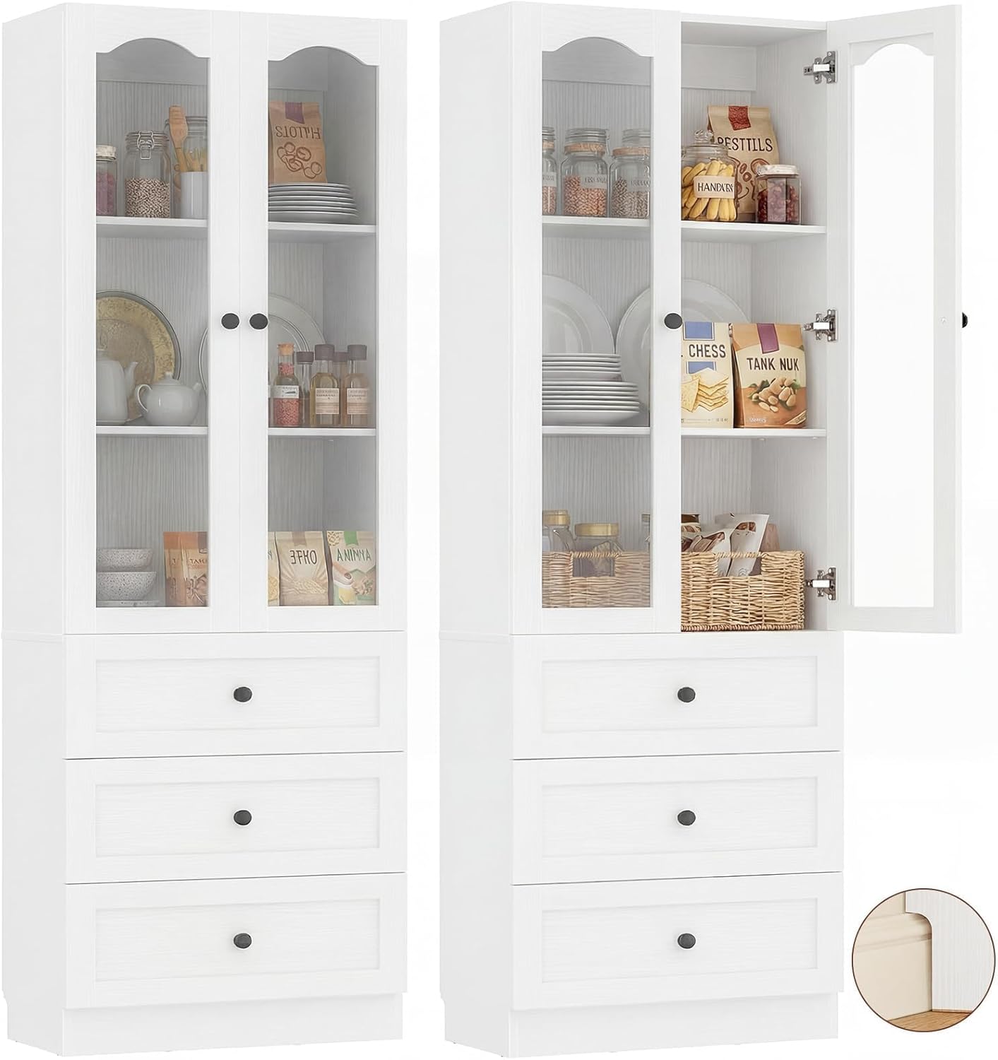 Cyclysio 80" Tall Pantry Cabinet for Kitchen Storage, White Pantry Cabinet with Glass Doors & 3 Drawers - Freestanding Storage Bookcase with Built-in Baseboard Notch for Dining, Living Room
