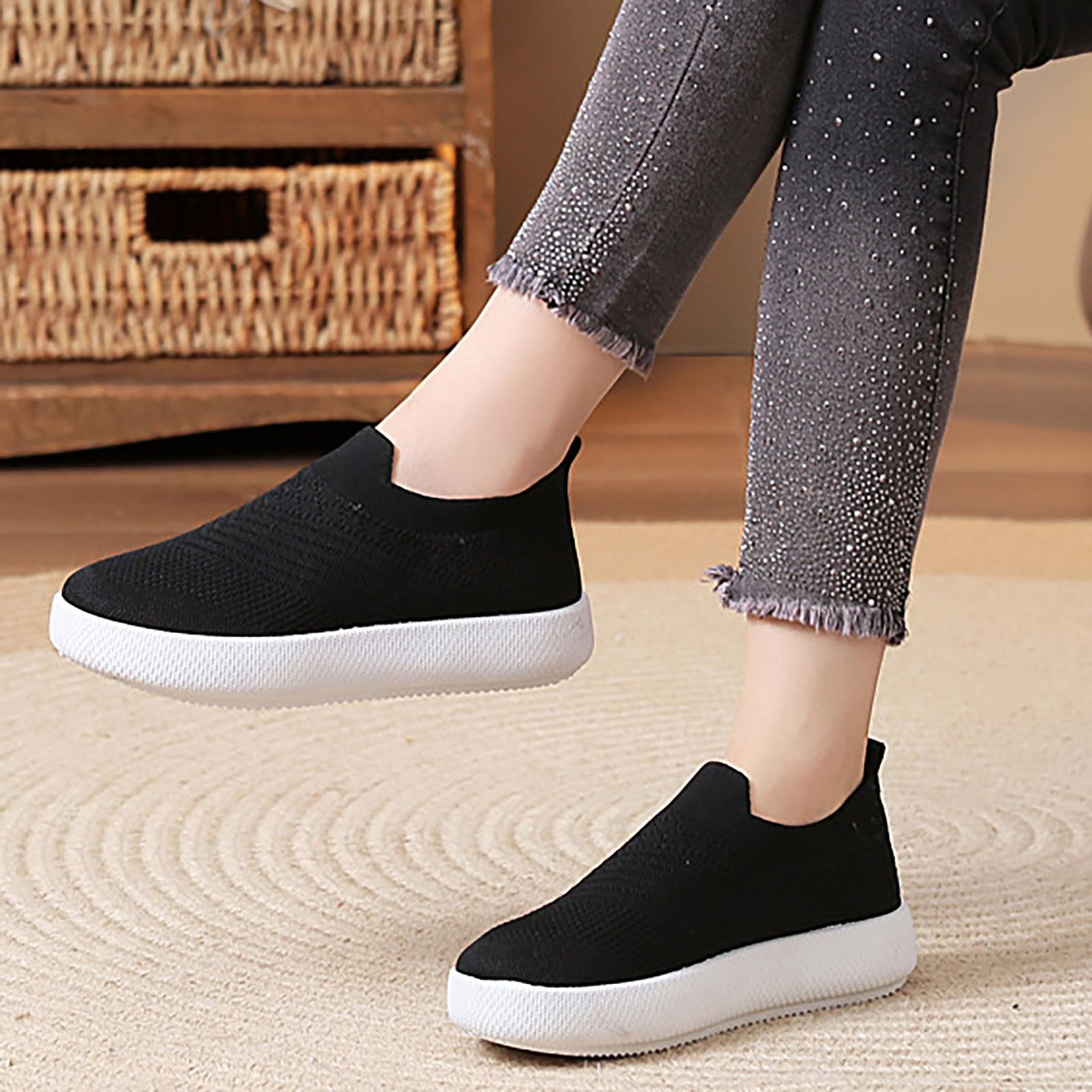 Chaussures tissées à Un étrier pour Femmes, Chaussures Souples et Respirantes, Chaussures de Marche en antidérapantes, Baskets antidérapantes, Noire Chaussure Plate Femme Confortable Chaussure