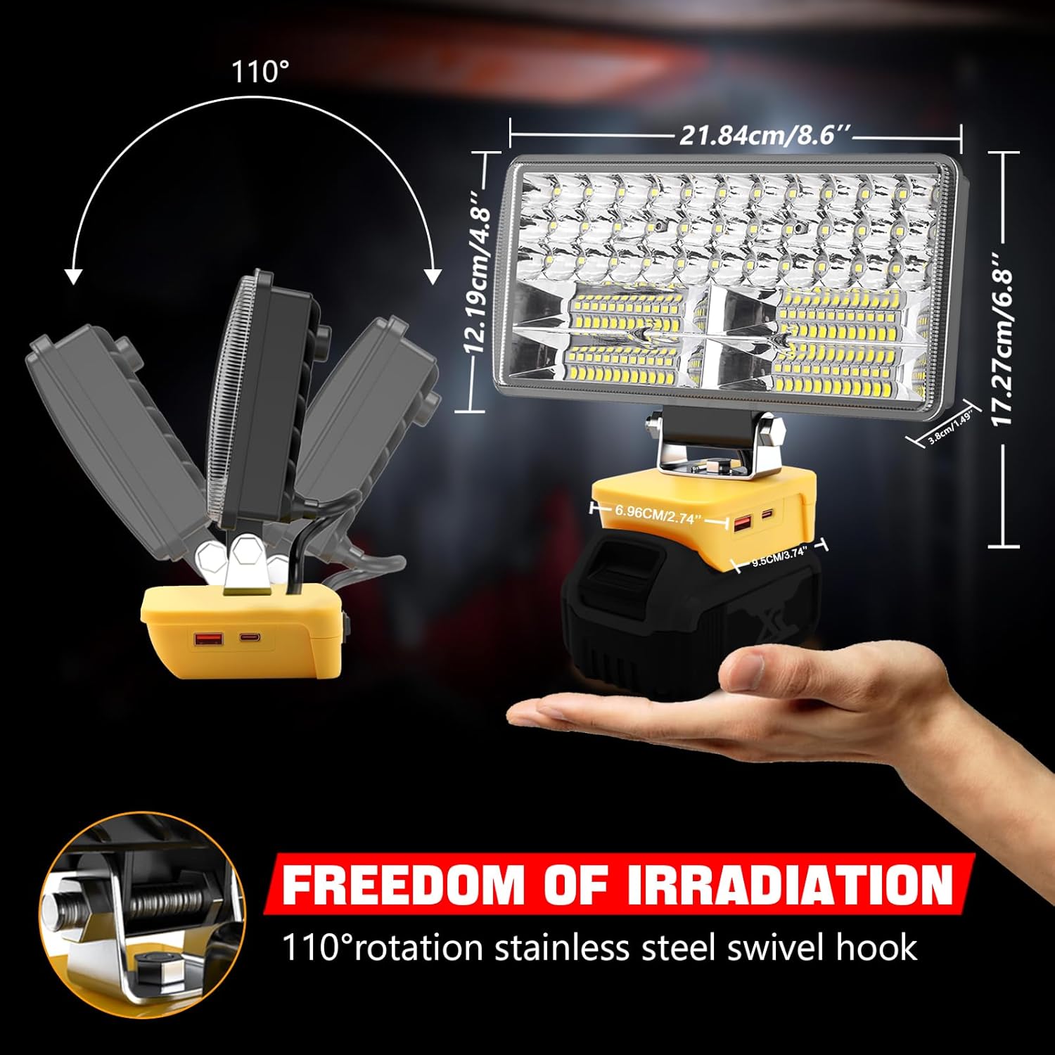 Max 6000LM LED Work Light Compatible with DeWalt 20V Battery - 2 Brightness Adjustable Battery Light with USB/Type-C Charging Port, Portable Flood Light for Emergency, Camping, Job Site Lighting