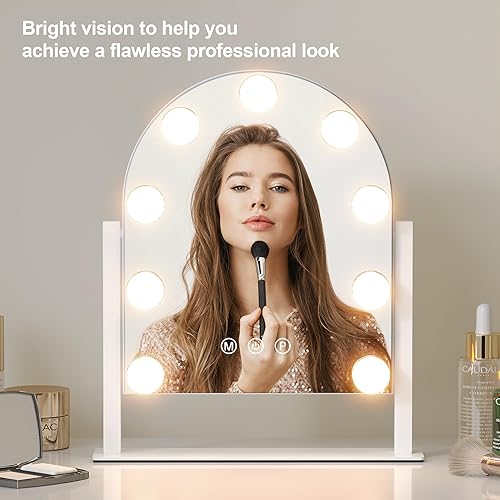 Miniatura 6 de Espejo de tocador con luces, 14 x 12 pulgadas, espejo de maquillaje arqueado Hollywood con 3 modos de color y 9 bombillas regulables, espejo de