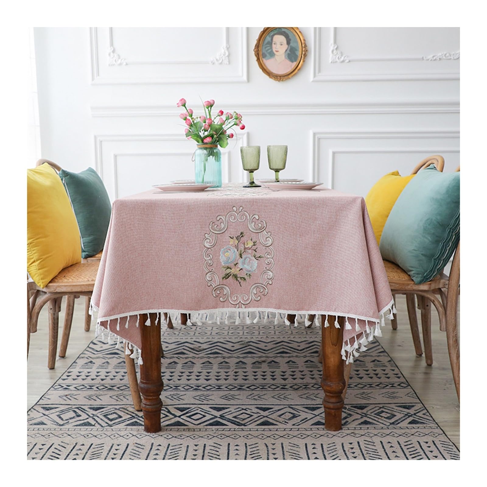 KnSam Mantel de 140 x 260 cm, diseño retro de flores con borla, mantel de poliéster, mantel de jardín, decoración de mesa para salón, comedor, balcón, jardín, rosa