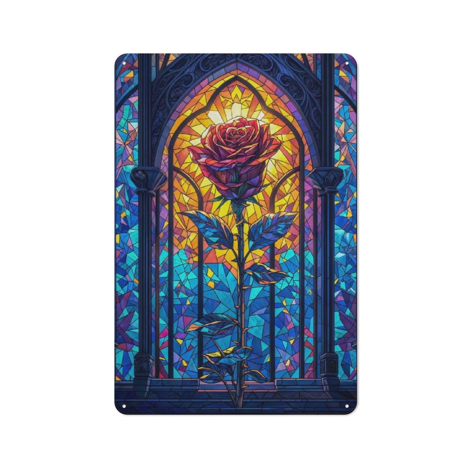 Junmoney Style-21 Distressed Look Rose Stained Glass Decorative Tin Sign 30X20cm, Retro Room Decor For Lounge, Study, Pub Or Wall Gallery