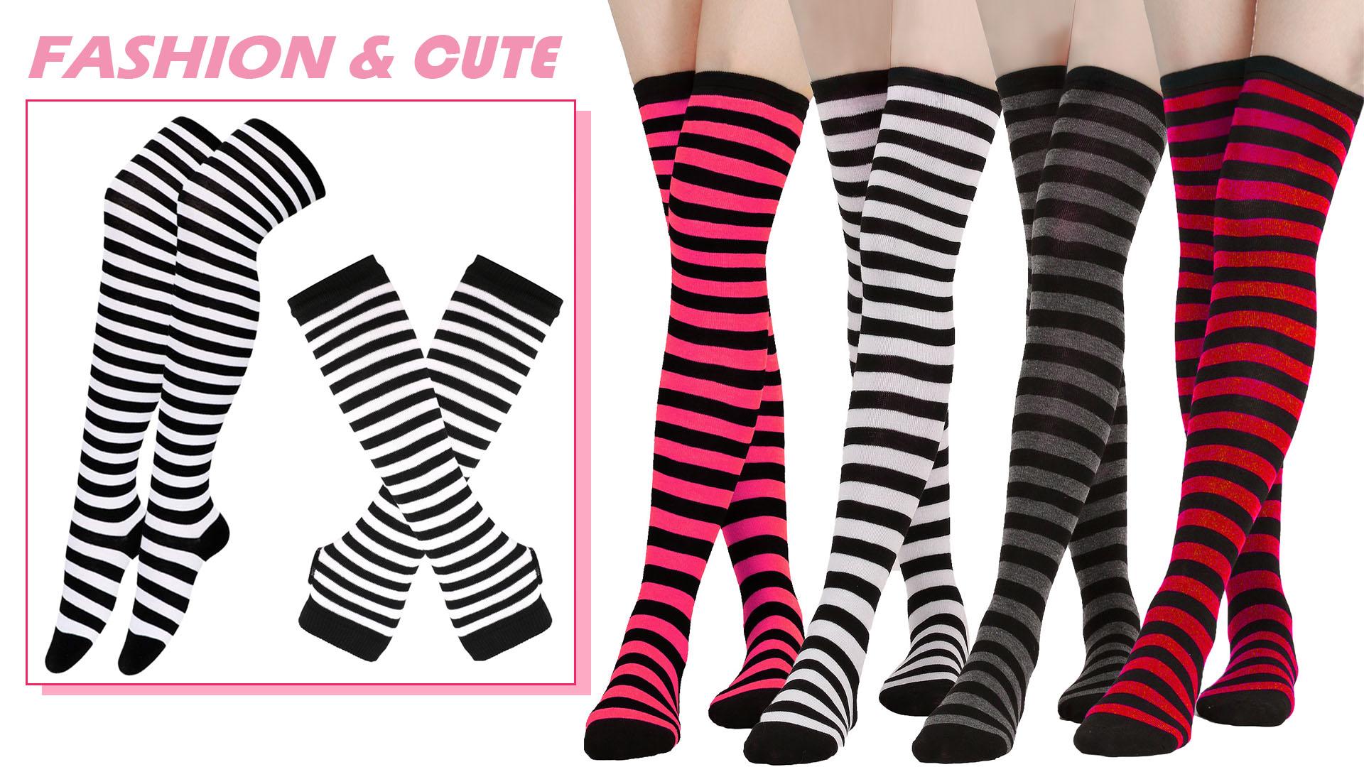 Strped Long Arm Warmer Fngerless Gloves, Knee Hgh Socks Set, Punk