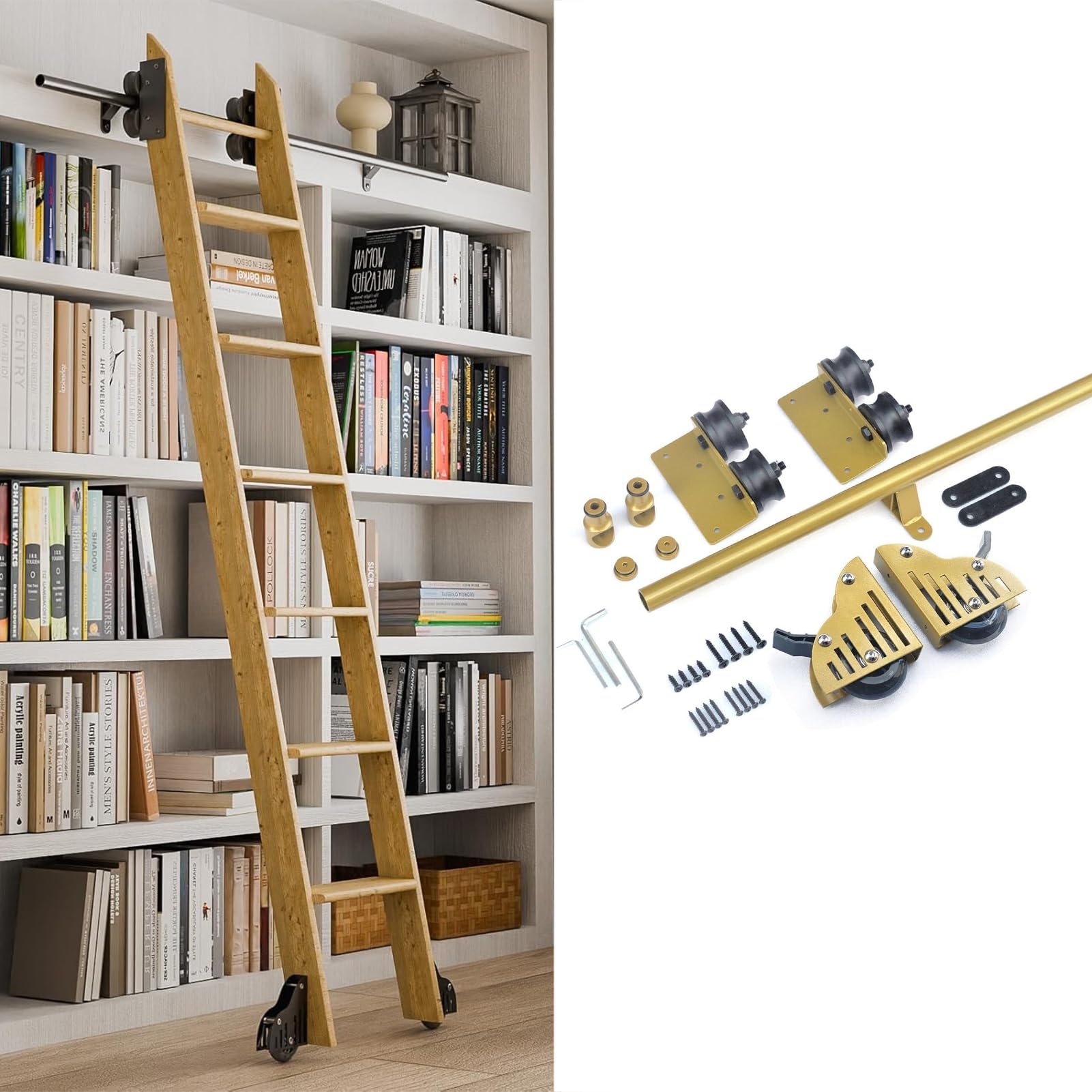 DONGGANSHI Rolling Library Ladder Hardware Kit,Bookcase Sliding Ladder Kit(No Ladders),3.3ft-24ft Gold Mobile Track Rail with Braking Wheels,Carbon Steel(8ft/244cm Track kit)