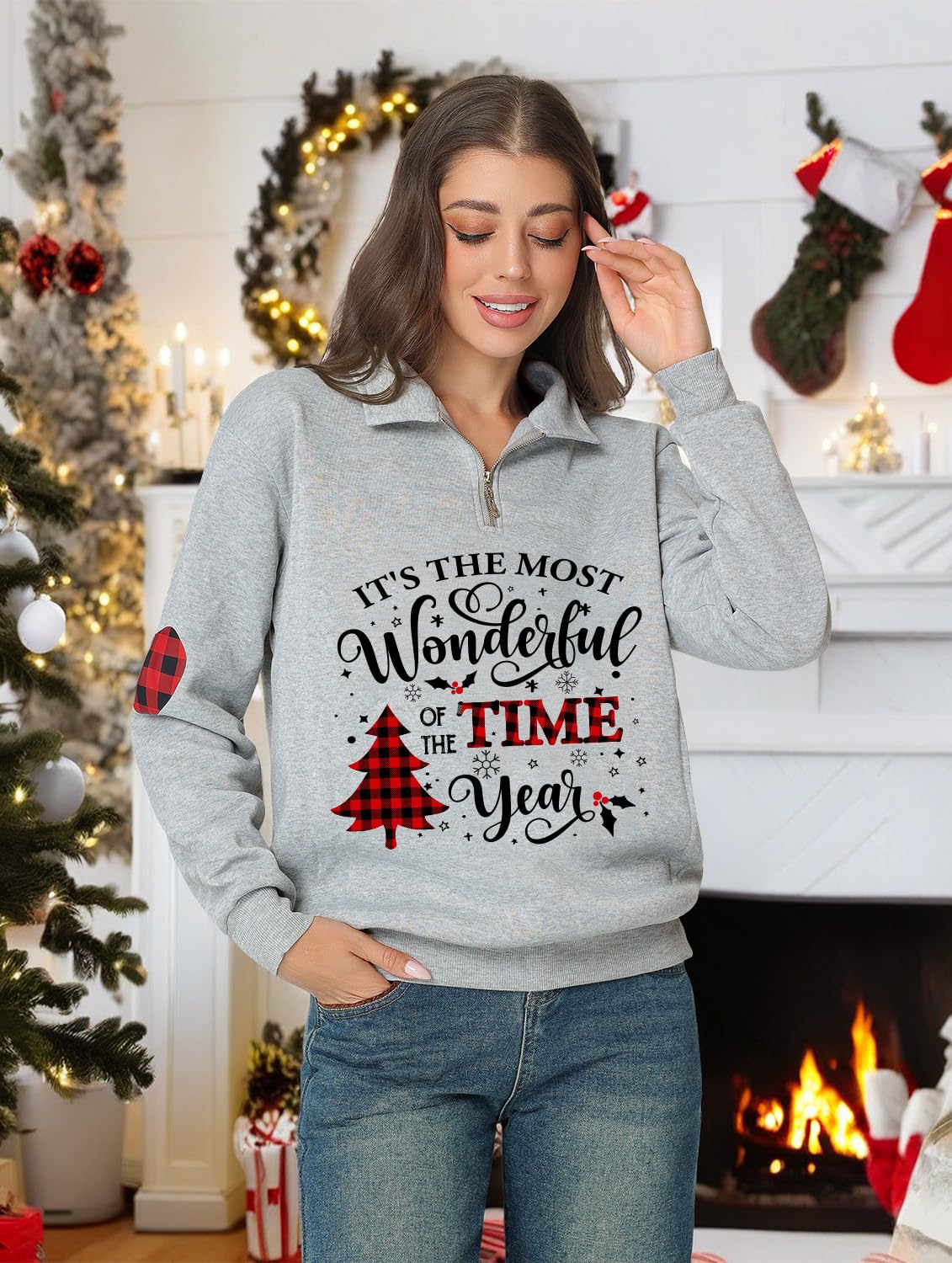 Glimnerize Christmas Womens Tops Sweatshirt Gnome 1/4 Zip Standing Collar Funny Graphic Christmas Jumper Hoodie Grey-A1 L - Image 2