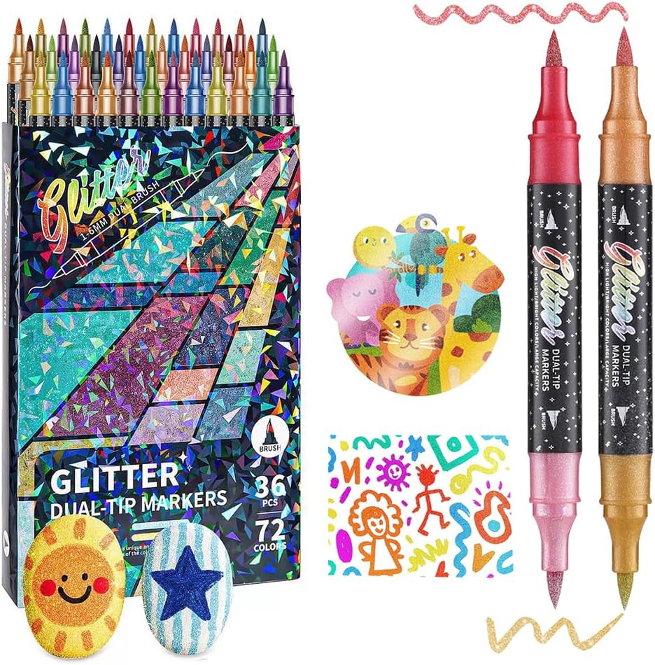 Glitter Effect Brush Markers, 2026 New Dual Tip Glitter Pens Set for Adults, Acrylic Metallic Sparkle Paint Markers for Cards, DIY Art Crafts, Writing, Coloring Books (72 Colors)