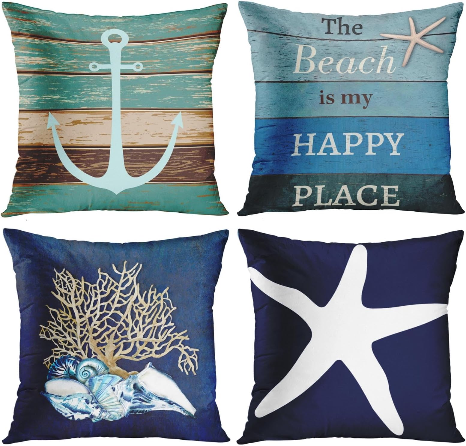 Emvency Set of 4 Throw Pillow Covers Nautical Coastal Beach and Blue Turquoise Anchor Weathered Wood Old Decorative Pillow Cases Home Decor Square 16x16 Inches Pillowcases