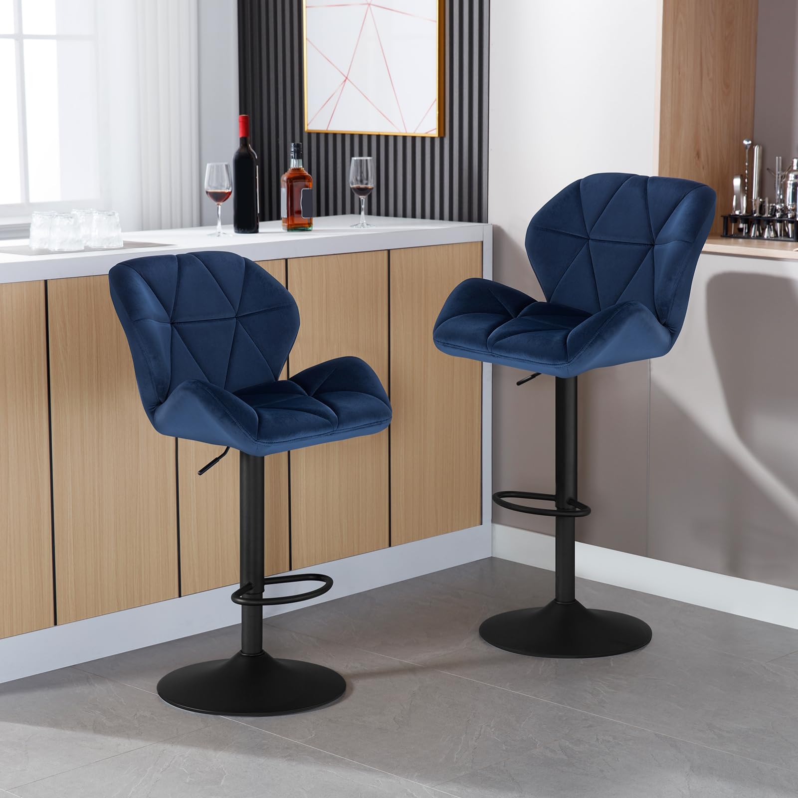 WOLTU 2X Taburete de Bar con Respaldo Regulables en Altura, con Asiento Acolchado Terciopelo Azul