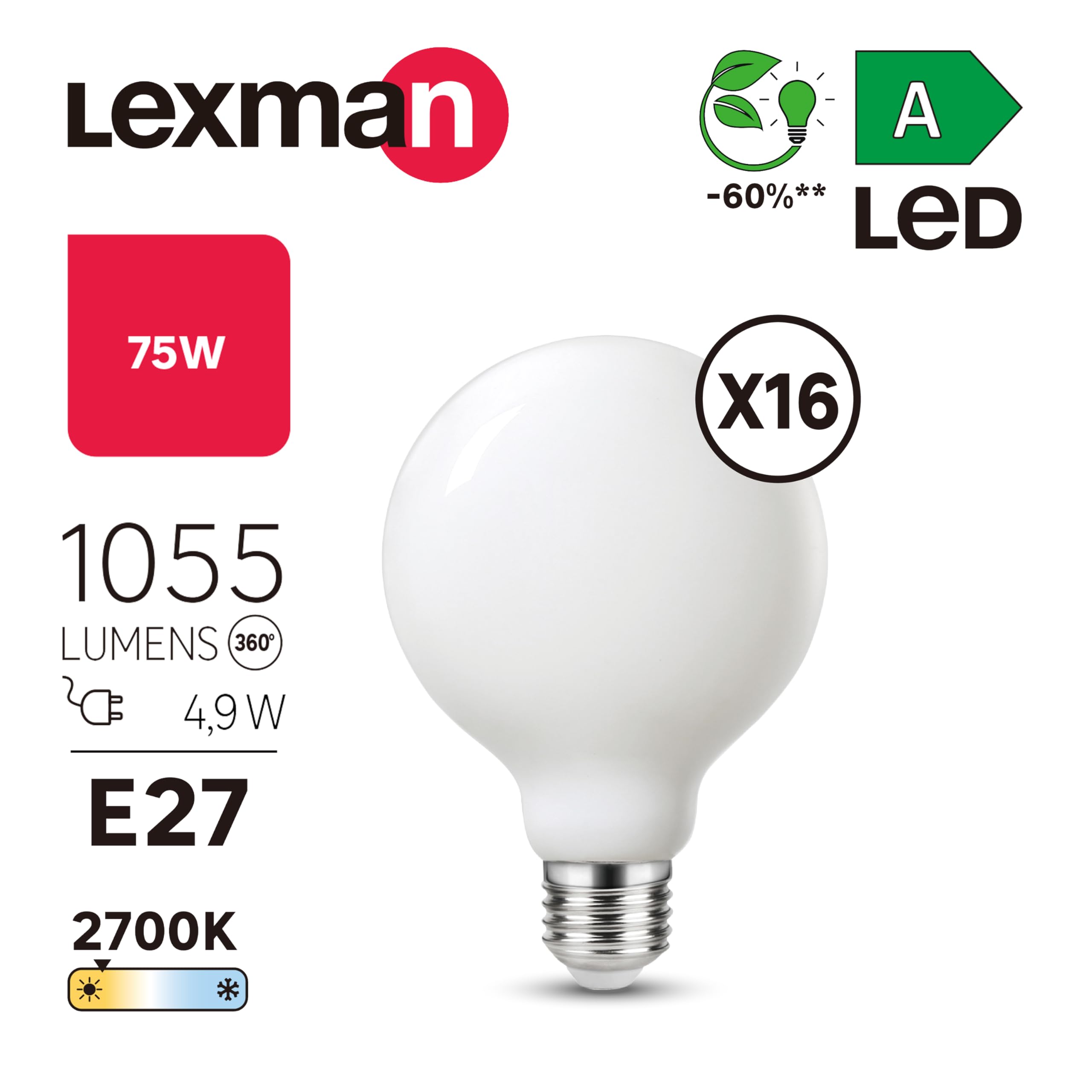 LEXMAN - 16er-Set LED-Lampen - 16 x LED Glühbirnen E27-1055 LM - 4,9W entsprechend 75W - Ø 95 mm - 2700K - Warmweiß