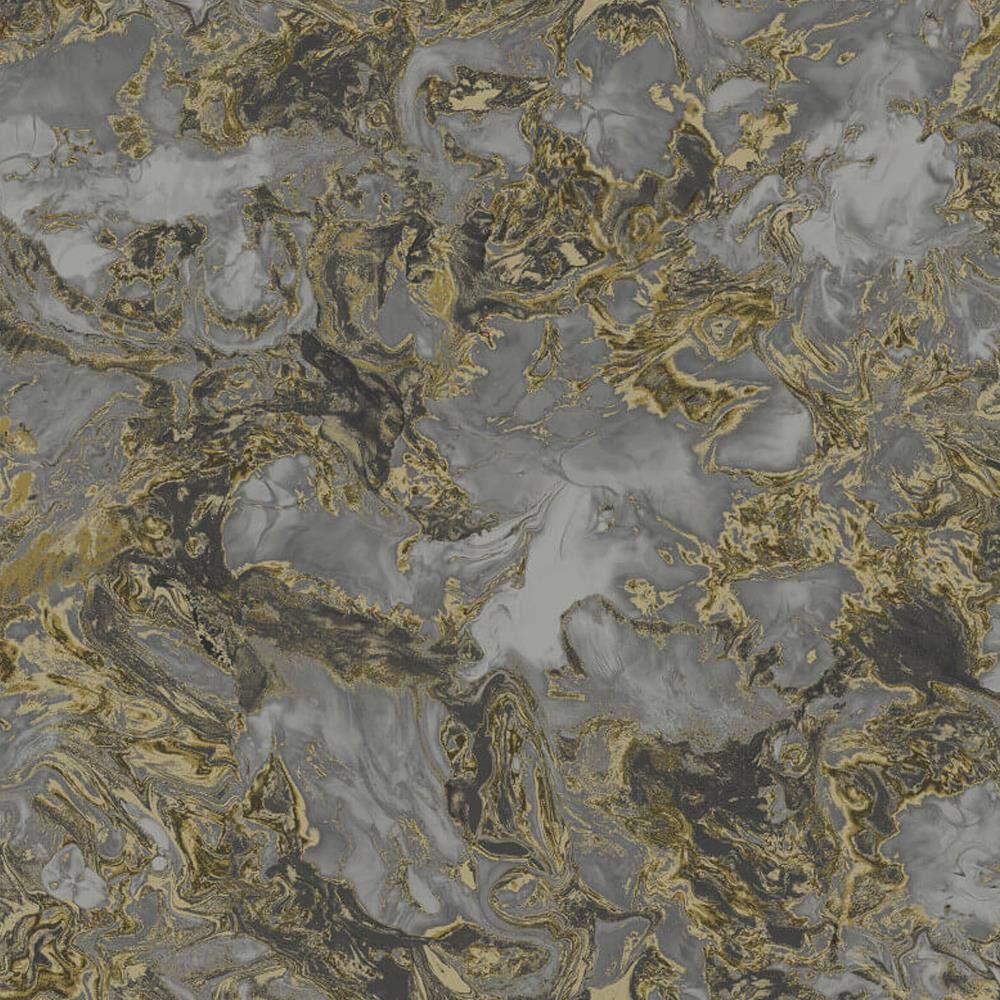 Yöl 6362-Charcoal And Gold Liquid Marble Swirl Effect Wallpaper Stone 3D Metallic Glitter Charcoal And Gold