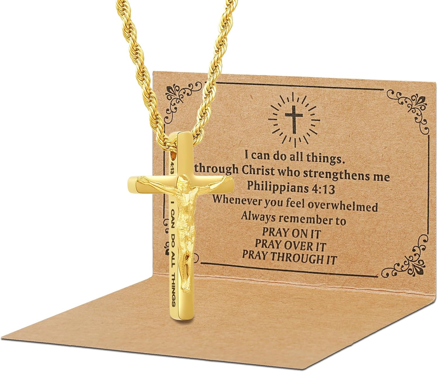 DS Christian Cross Necklace for Men Women-18K Gold Stainless Steel Crucifix Necklaces with Inspirational Bible Verse Religious Gift for Prayer Faith Jesus/God-Catholic Christian Pendant Jewelry