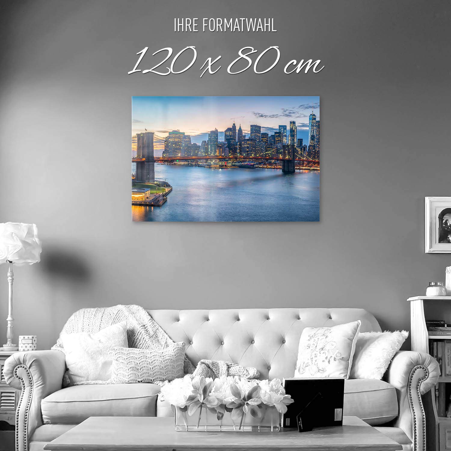 BilderKing Wandbild Skyline Brooklyn Brigde New York - 120cm x 80cm Acrylglas 5mm + Rückrahmen