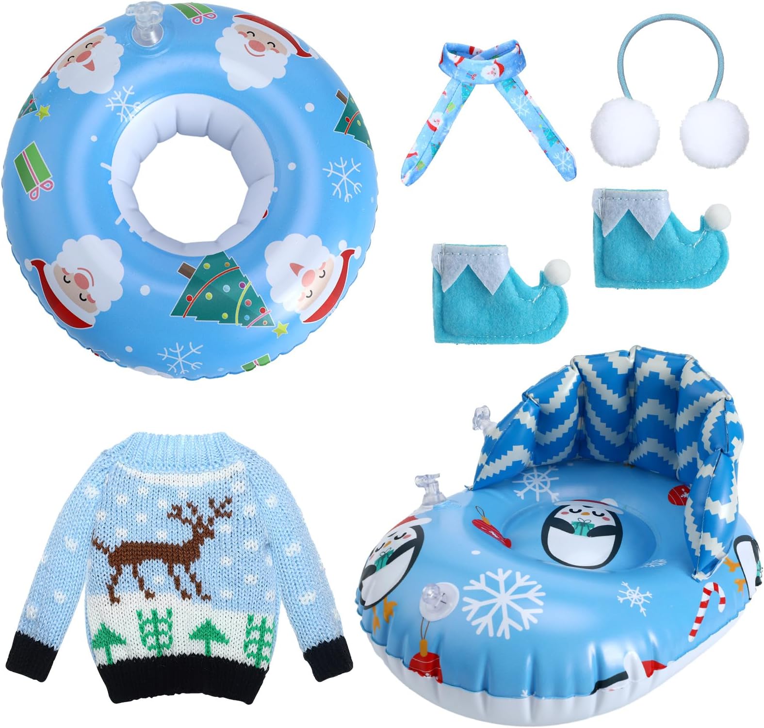 Cindeer6 Pcs Christmas Elf Doll Accessories Set Includes Doll Clothes Sweater Ear Muffs Scarf Shoes Sleigh Snow Ring Set for 11.5 Inch Doll(Blue Penguin)