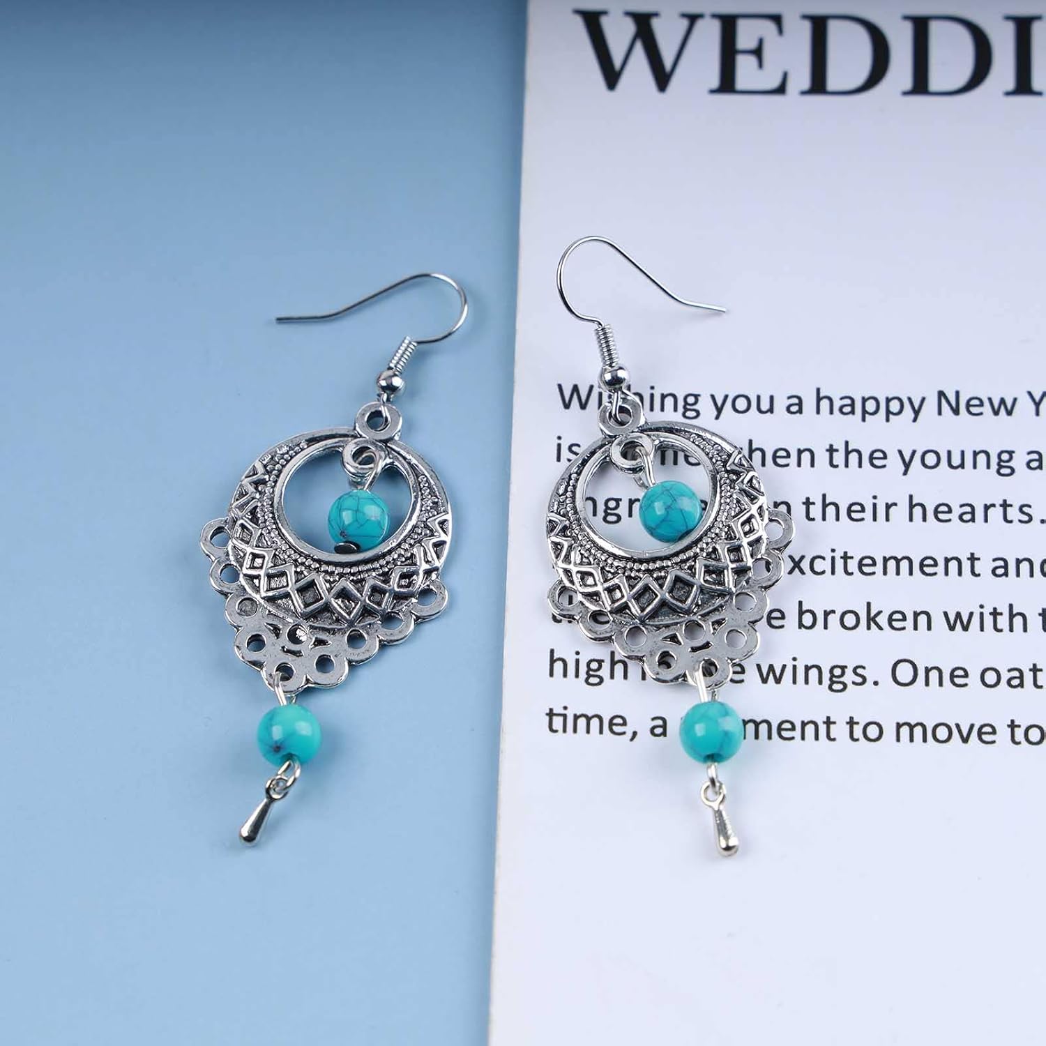 Boho Turquoise Dangle Earrings Vintage Silver Filigree Hollow Earrings Blue Turquoise Drop Earrings Tribal Filigree Earrings Jewelry for Women - Image 5
