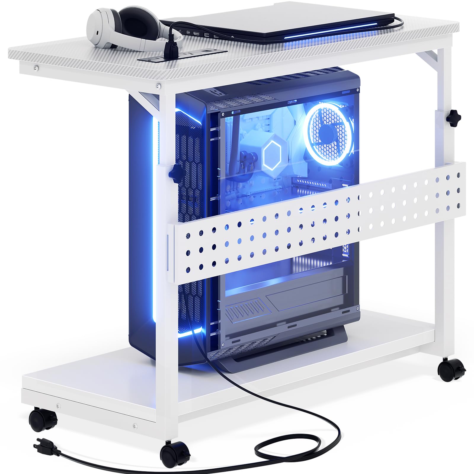 Photo 1 of ***RECOMENDED FOR PARTS / MISSING PIEECS*** Besiost 32" Large Computer Tower Stand with Power Strips, 4 Levels Manual Height Adjustable PC Tower Stand for Under Desk, Mobile Rolling CPU Holder Computer Cart with Wheels, Carbon Fiber White