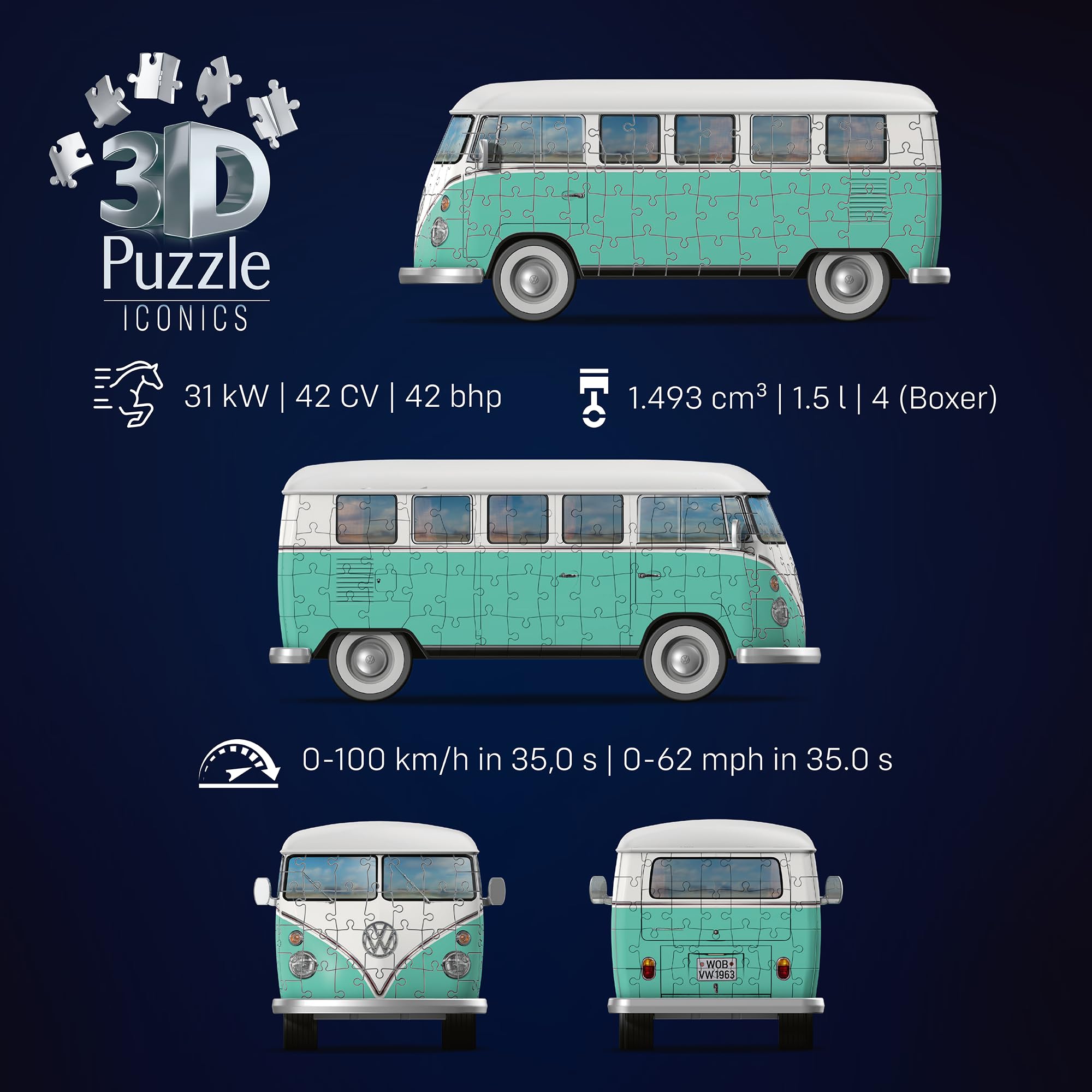 Ravensburger 3D Puzzle Iconics: 12008035 Volkswagen T1 - Eine echte Ikone der Automobilgeschichte. Der VW Bulli im Modell-Format
