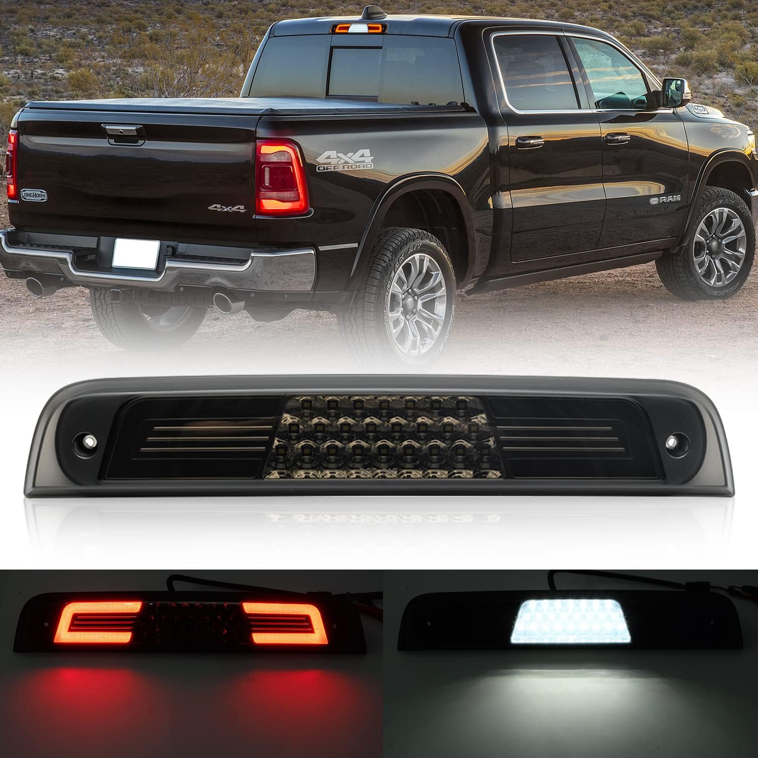 NSLUMO Led Third Brake Light Replacement for 2019 2020 2021 2022 2023 2024 RAM 1500 Pickup Trucks Red LED 3rd Brake Center High Mount Stop Lamp White Cab Cargo Light Smoked Lens Truck Bed CHMSL B.Smoked Lens For 19-24 Ram 1500