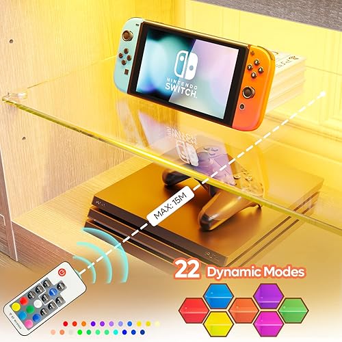 Miniatura 61 de Bestier soporte RGB para televisión de más de 65 pulgadas, centro de entretenimiento para videojuegos, consola LED con 2 estantes de vidrio, para