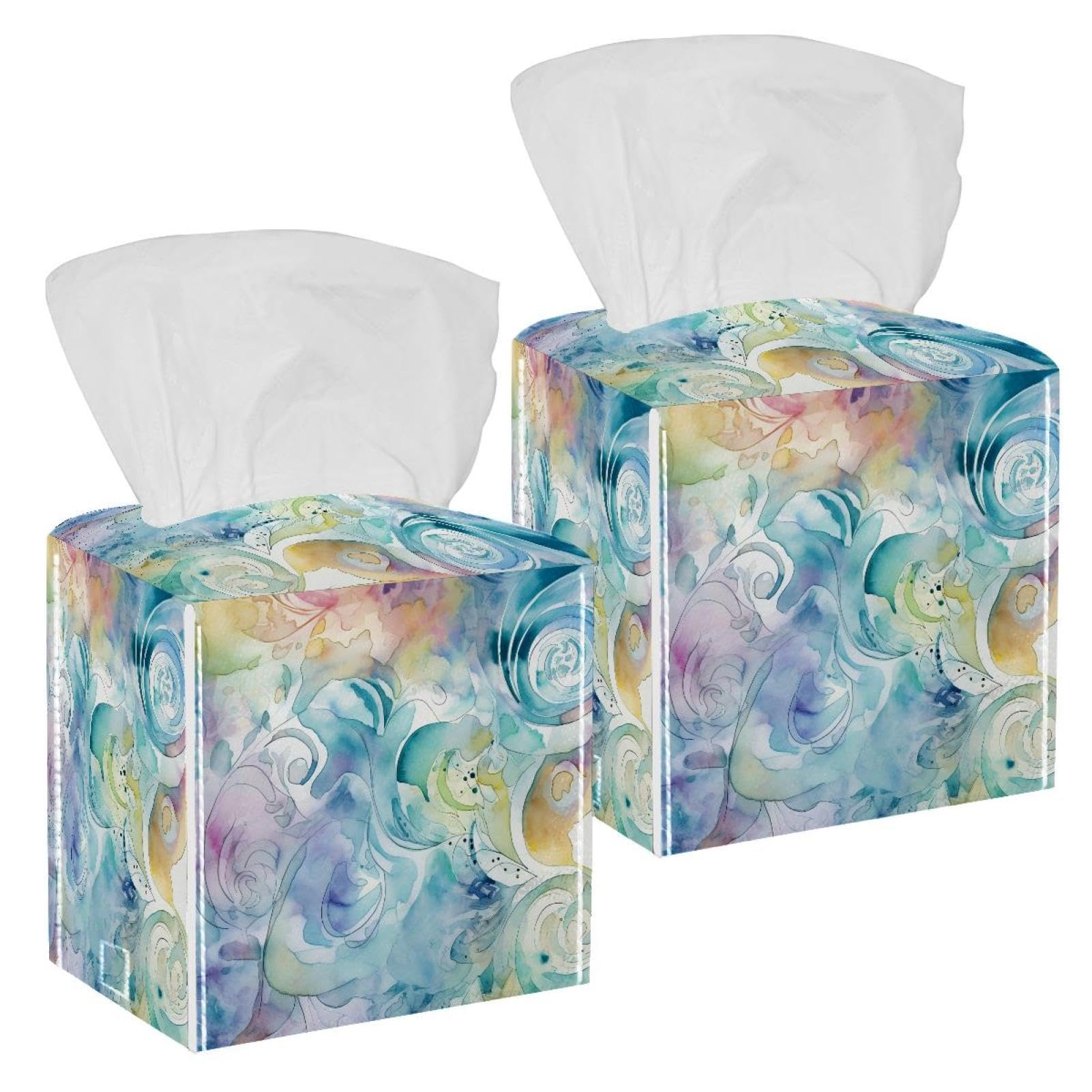 Artistic Abstract Cyan Purple Swirl Tissue Box Cover, 2 Pack PU Leather Square Facial Tissue Dispenser Box holder for Home Office Car