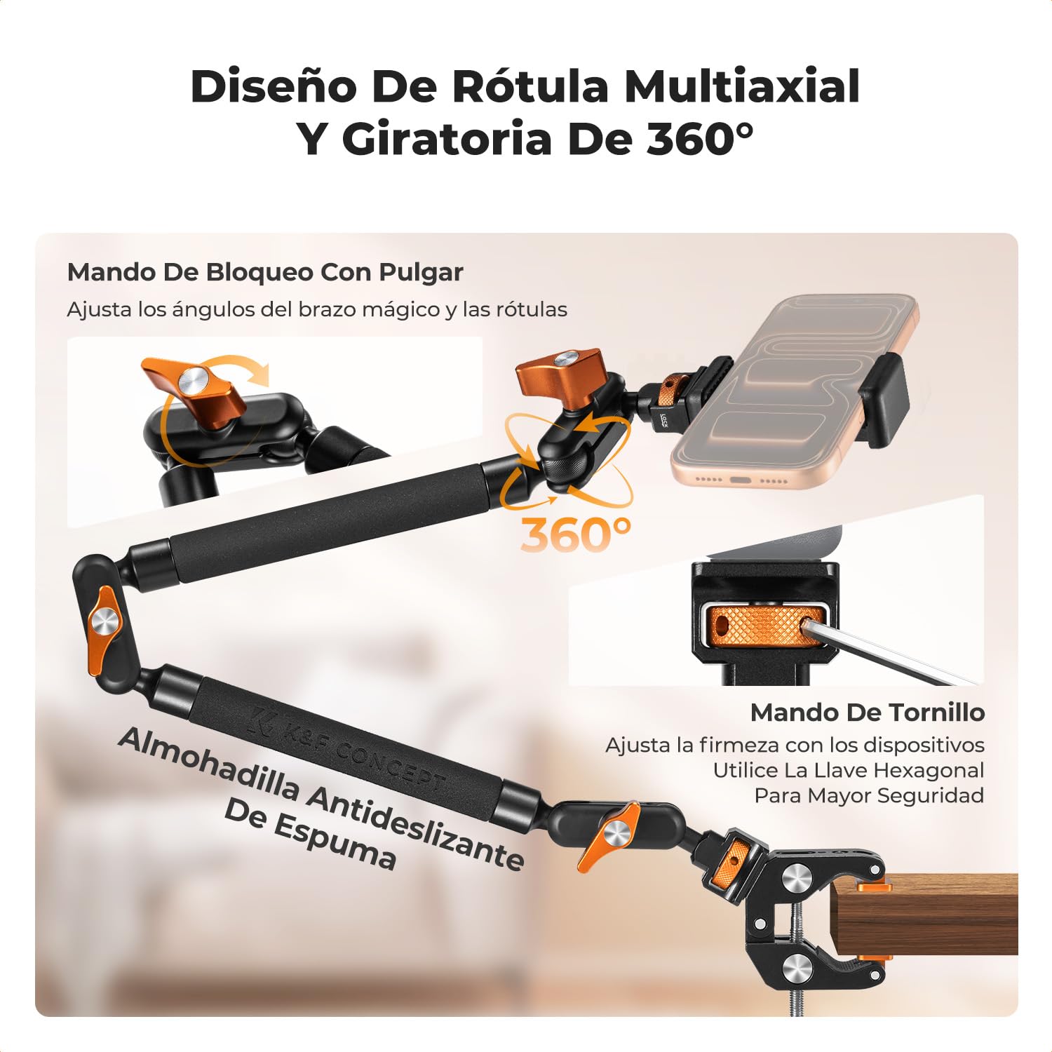 K&F CONCEPT Kit de Brazo Mágico 22" con Pinza, Soporte de Cámara Articulado para Teléfono, Cámara de Acción, Luz LED, Micrófono
