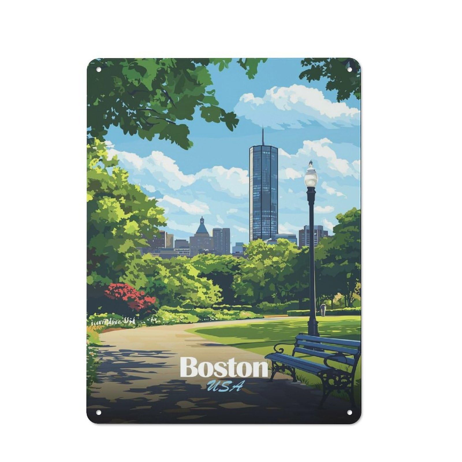 Junmoney Style-3 Metal Sign 40X30cm With Boston Cityscape(2) For Hallway Wall, Retro Decor, Gift For Hallway Decor Lovers During The Christmas Season