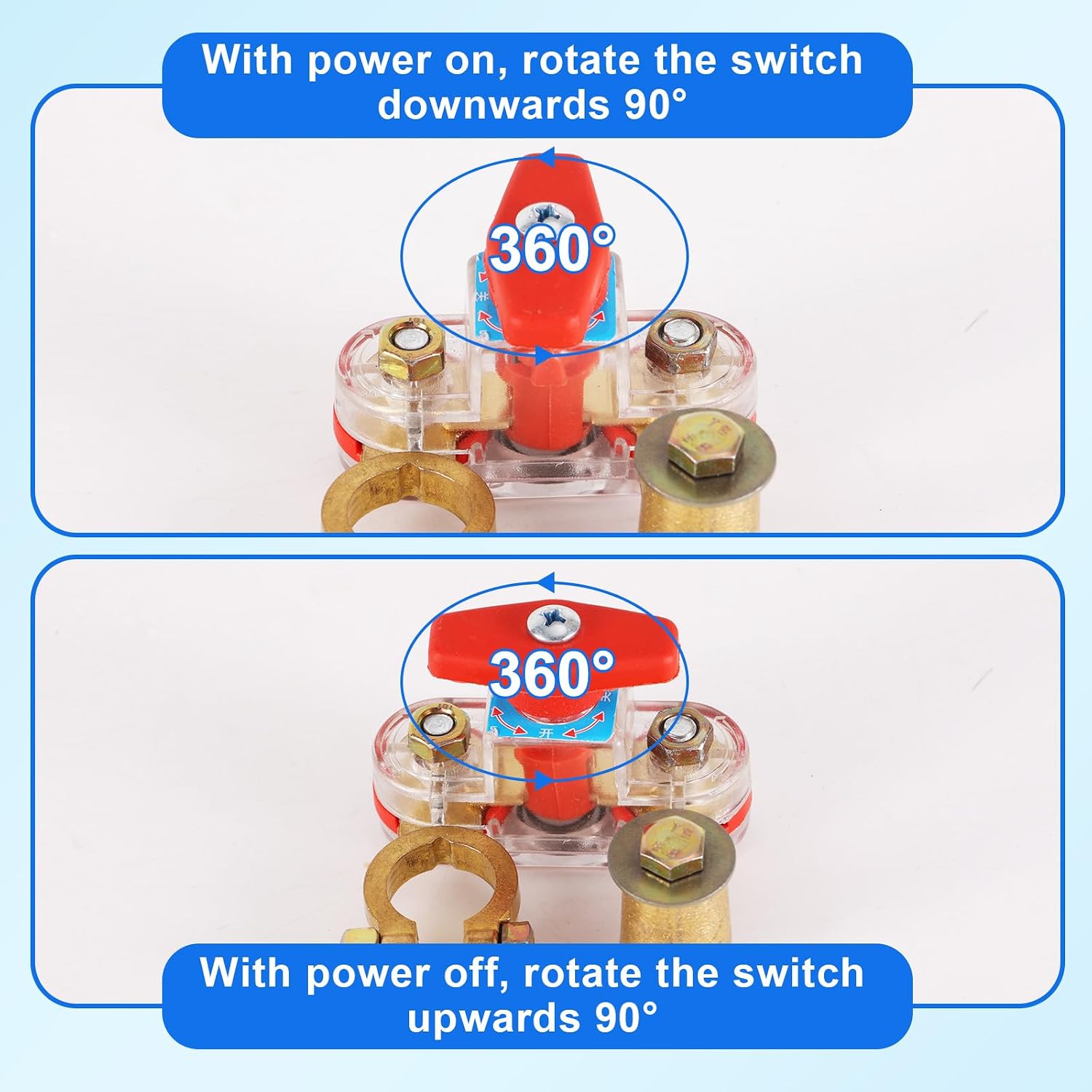 Car Battery Cut Off Switch, 12V/24V Adjustable Pure Copper Battery Disconnect Switch Stable Transmission High Conductivity Shut Cutoff Kill On/Off Accessories for Car Truck Boat RV (Brass Color, Red)