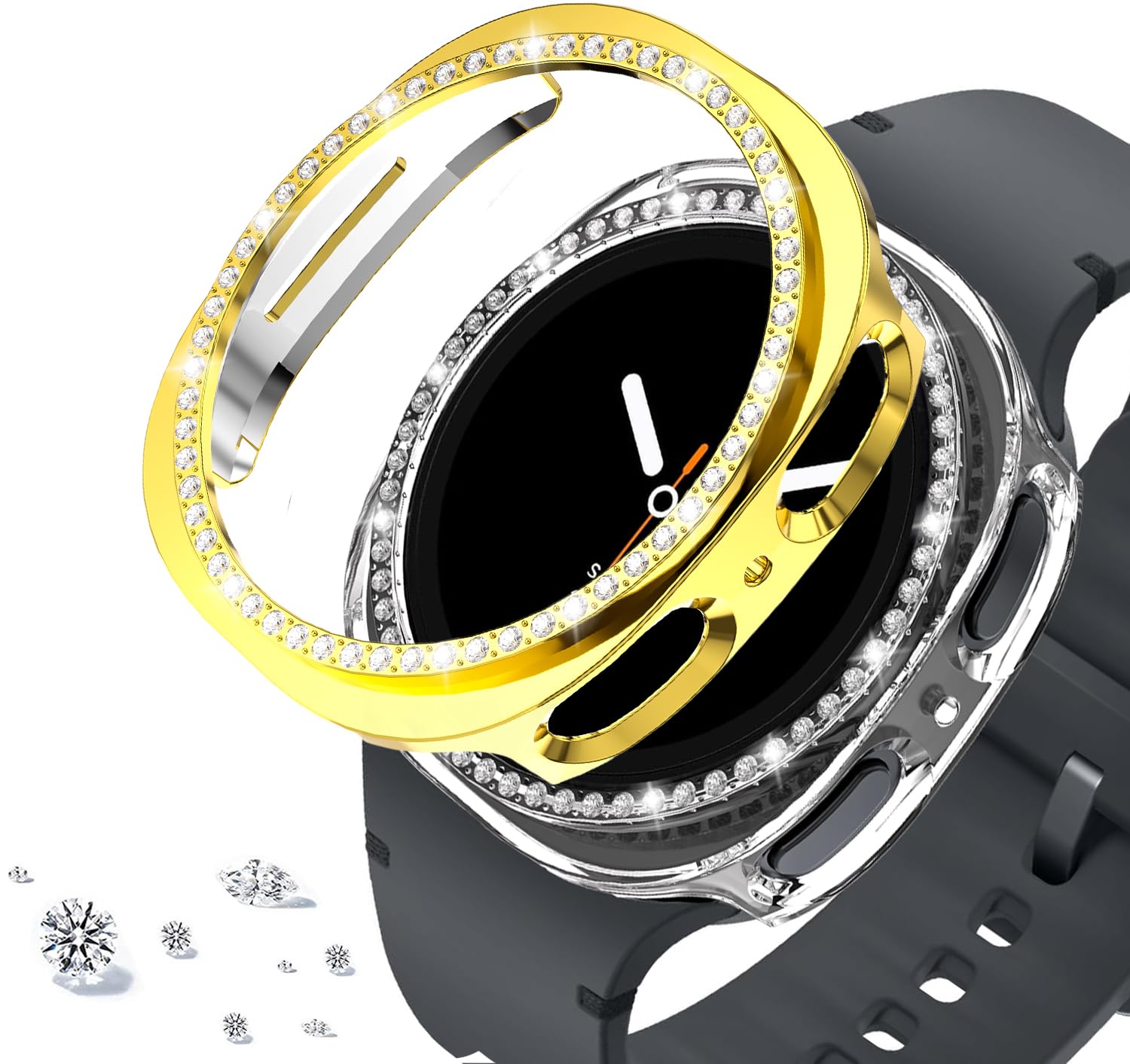 DEALELE [2-PACK] Case Compatible with Samsung Galaxy Watch 5/4 44mm, Bling Single-Row Diamond PC Protective Case Replacement Watch Cover Bumper (44mm, Gold+Transparent) — view 215