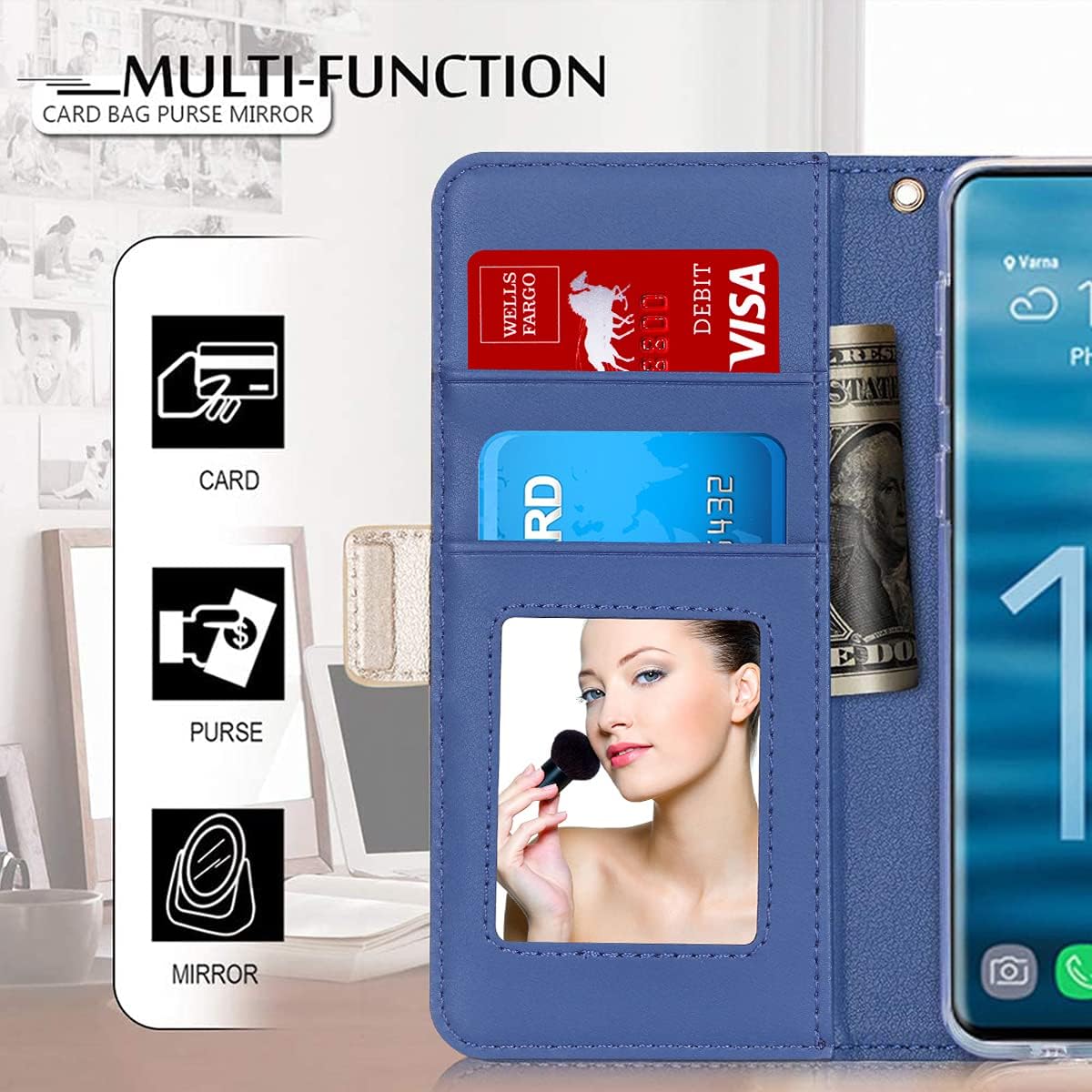 WWW Samsung Galaxy S10 Case,Galaxy S10 Wallet Case, [Luxurious Romantic Carved Flower] Leather Wallet Case [Inside Makeup Mirror] [Kickstand Feature] for Galaxy S10 6.1"(2019) Navy Blue