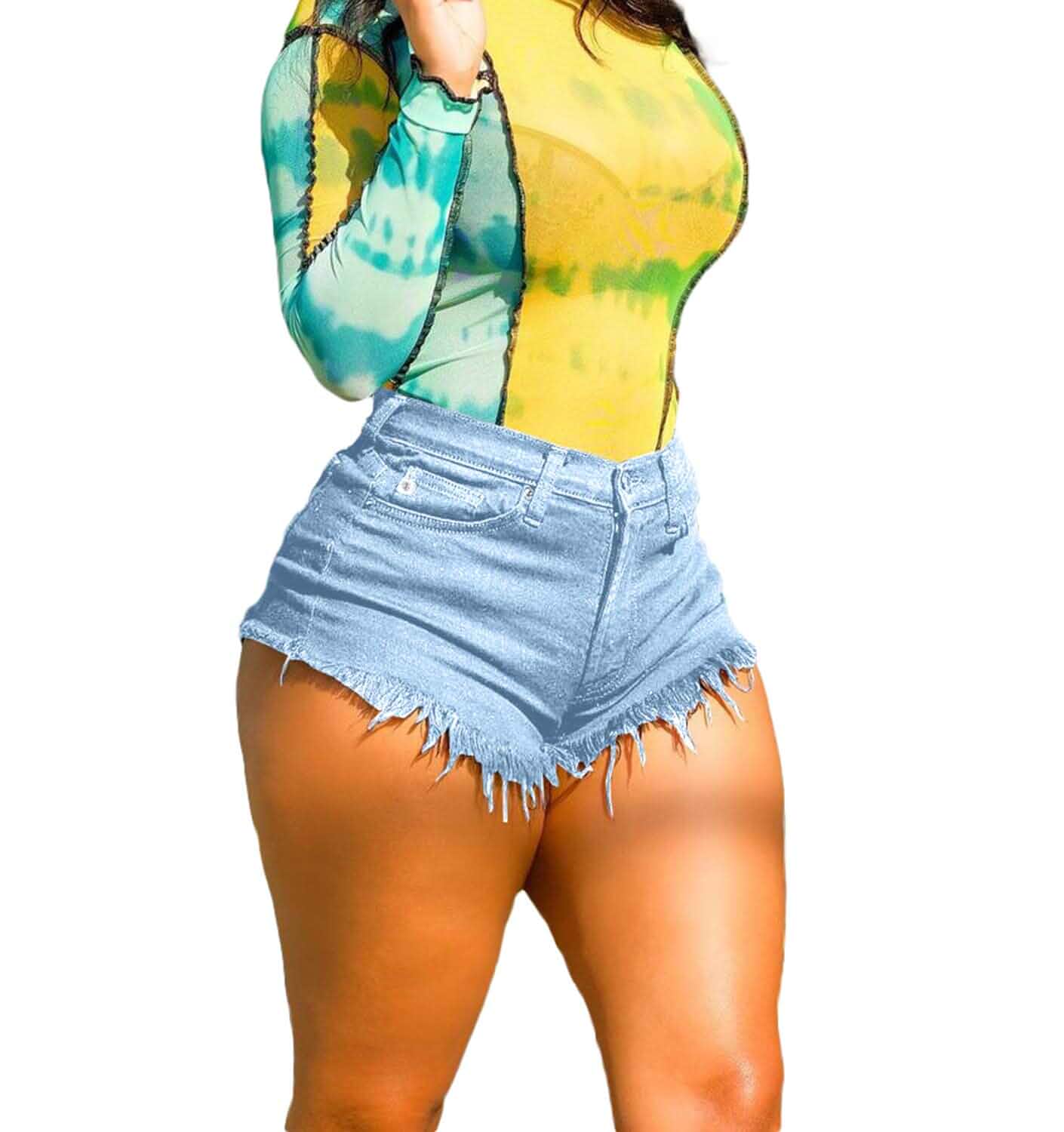SIAEAMRG High Waisted Women Jean Shorts Summer Casual Stretchy Denim Trendy side snap buttons and frayed hem with pockets. Slimming tummy control, comfortable fabric, ideal summer essential
