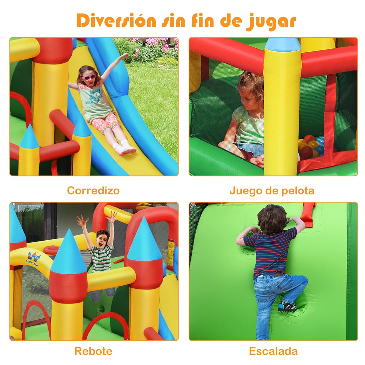 COSTWAY Castillo Hinchable, Castillo Inflable para Niños con 2 Toboganes, Área para Saltar, Canasta de Baloncesto, Bolsa de Transporte, Palitos, Kit de Reparación, 60 Pelotas (con Compresor 780 W)