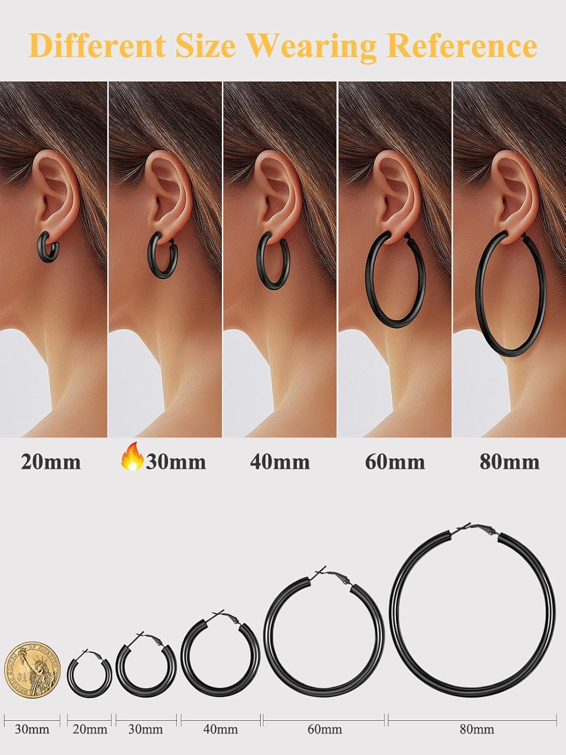 U7 Chunky Hoop Earrings for Women, Stainless Steel Hoops Earring, Classic Polished Thick Ear Jewelry, Black/Silver/Gold Hoop Earrings, 20/30/40/60/80mm - Image 4