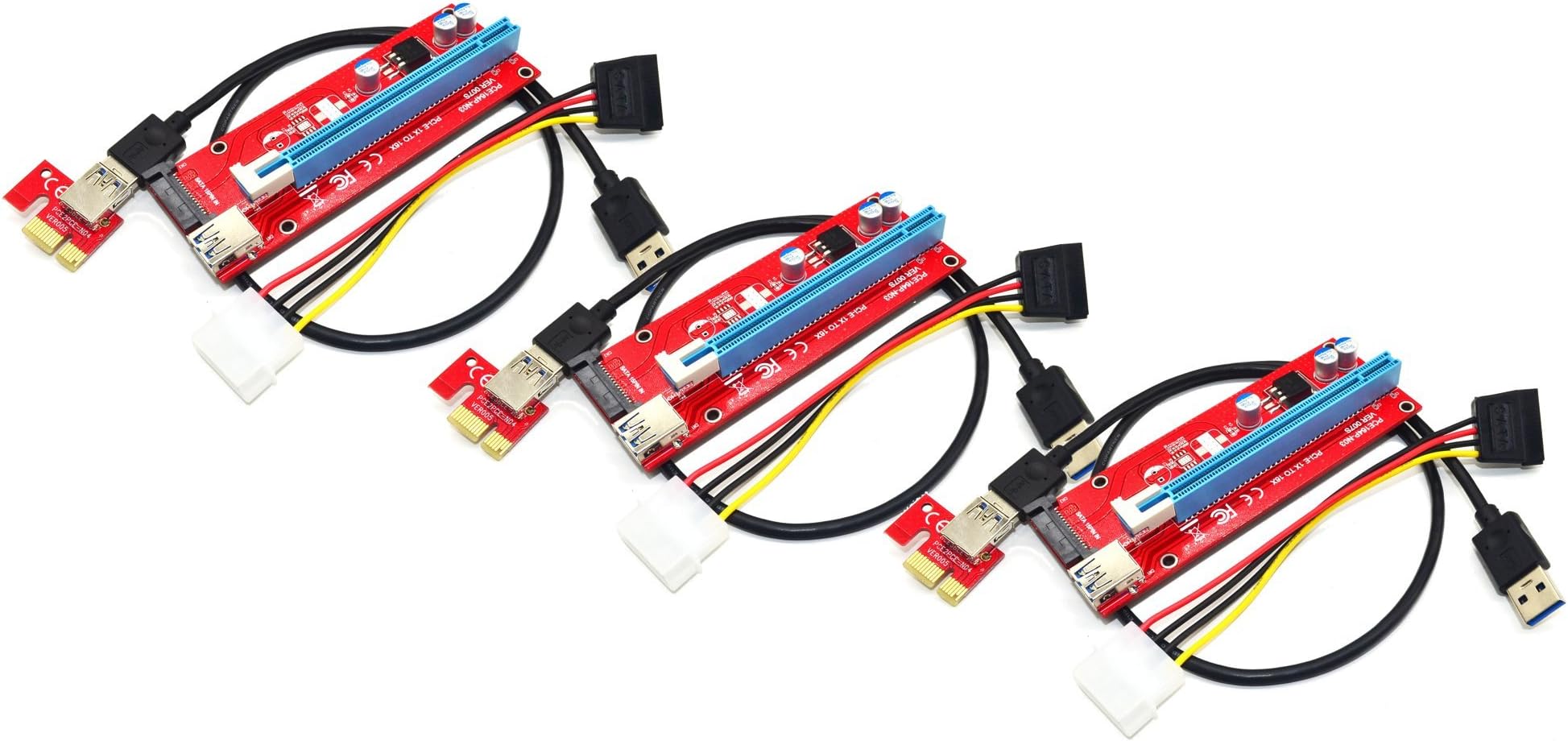 Panto Version 7 SATA Powered PCI-E PCI Express Riser - VER 007S - 1X to 16X PCIE USB 3.0 Adapter Card - with USB Extension Cable - GPU Graphic Card Crypto Currency Mining (3 Pack)