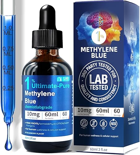 Gotas de azul de metileno para humanos, 1% de metileno azul de grado probado por terceros para energía celular y alto apoyo de bienestar cognitivo,