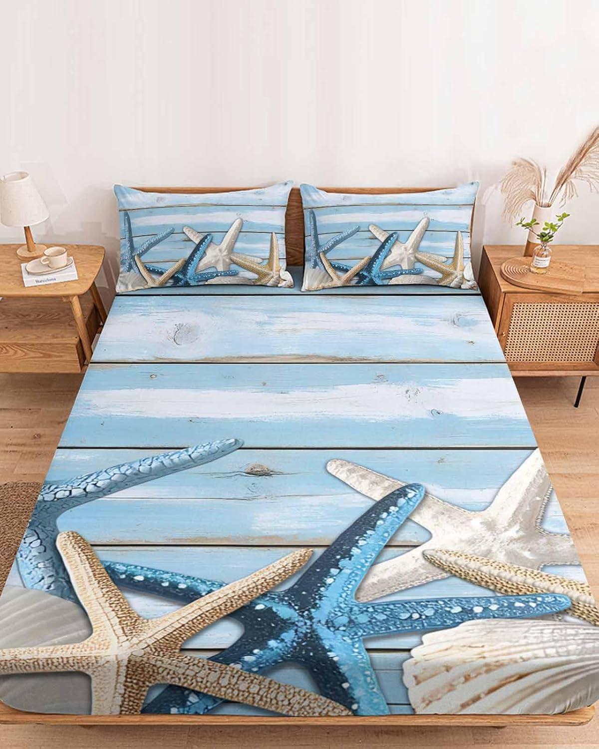 Coastal Ocean Beach Starfish Shell Fitted Bed Sheets Queen Size Fit 5-16inch Deep Pockets,Luxury Bottom Sheet Bedding Set with Pillow Case,Farmhouse Blue Ombre Wood Fitted Sheet for Mattress