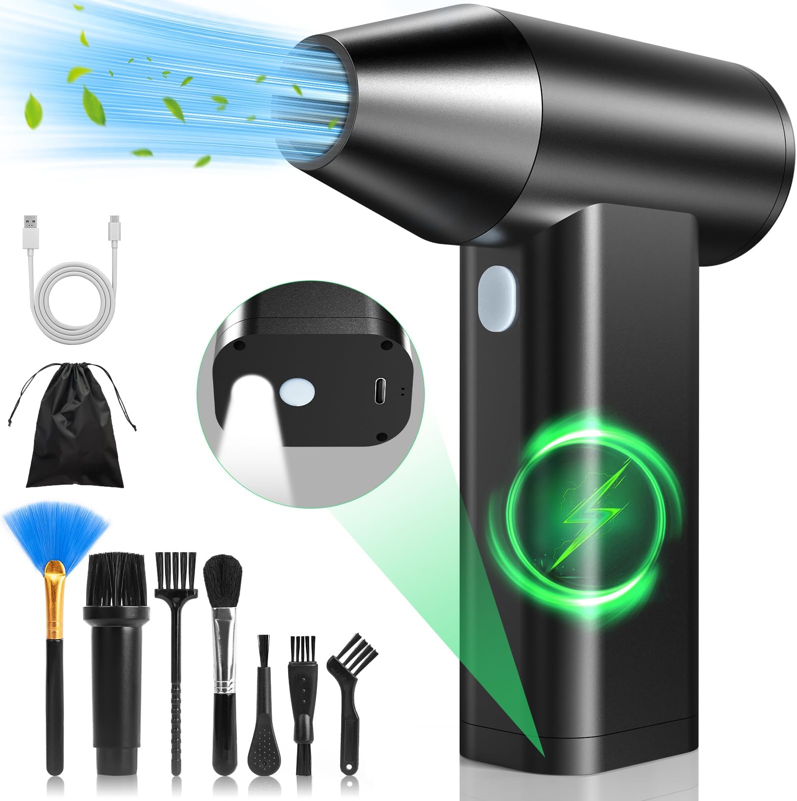 Electric Duster Turbo Fan - Mini-Blower 110000RPM Keyboard Cleaning Kit - Rechargeable Air Blower with LED Light, Replaces Compressed Air Cans
