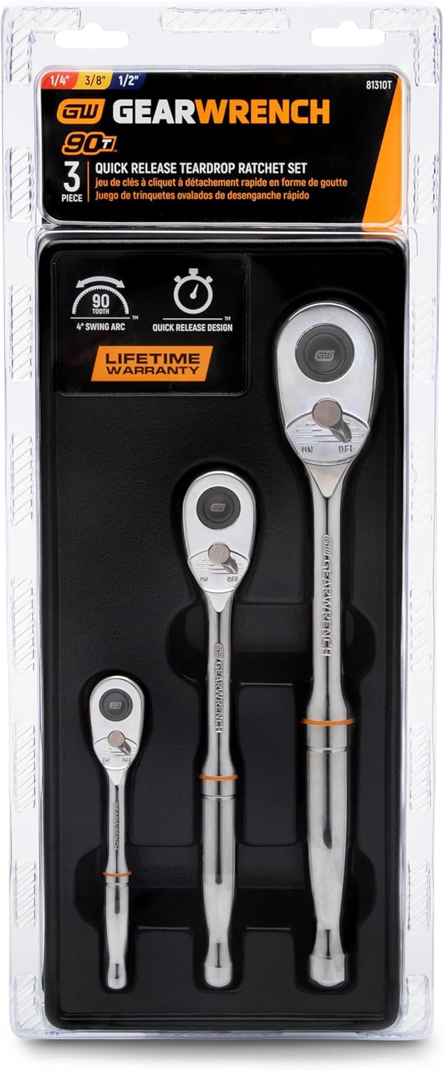 GEARWRENCH 3 Piece 1/4", 3/8” and 1/2" Drive 90-Tooth Quick Release Teardrop Ratchet Set | 81310T