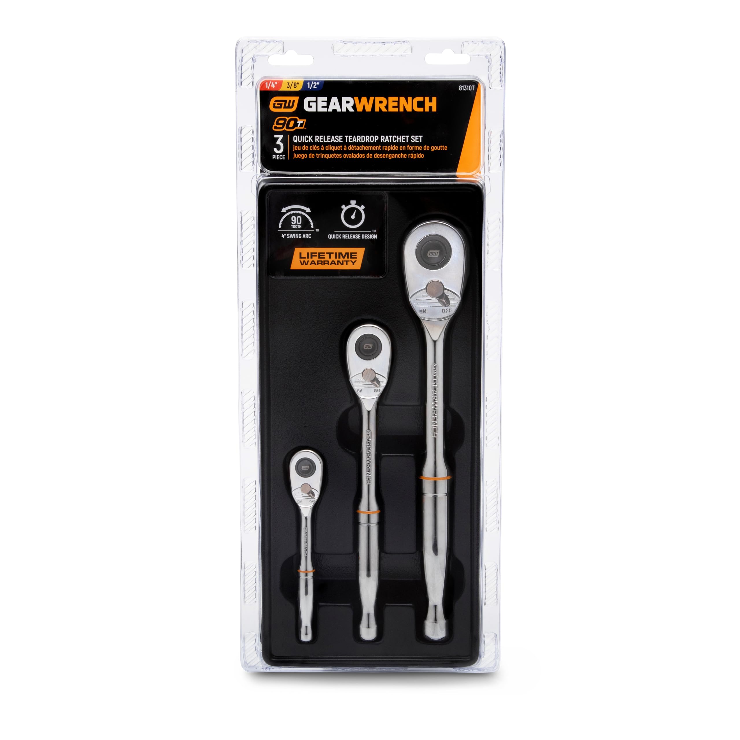 GEARWRENCH 81310T 3-częściowy zestaw grzechotek 1/10.2 cm, 3/20.3 cm i 1/5.1 cm 90-zębowy szybkie zwalnianie łezki