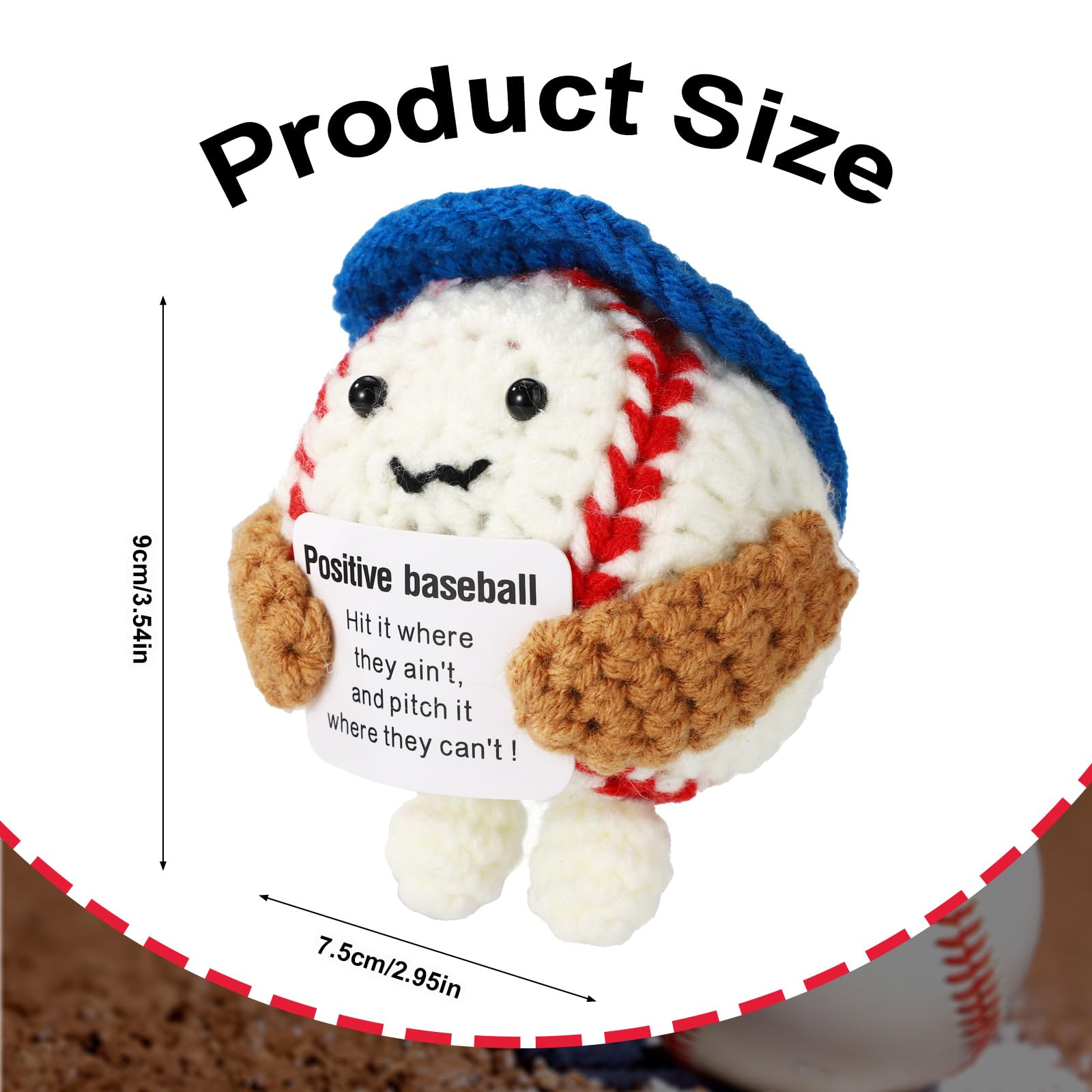 TOYMIS Emotional Crochet Baseball, 3.54in Handmade Positive Baseball Crochet Doll Wearing Blue Hat with Inspirational Support Card Cute Encouragement Knitted Doll Motivational Gift - Image 2