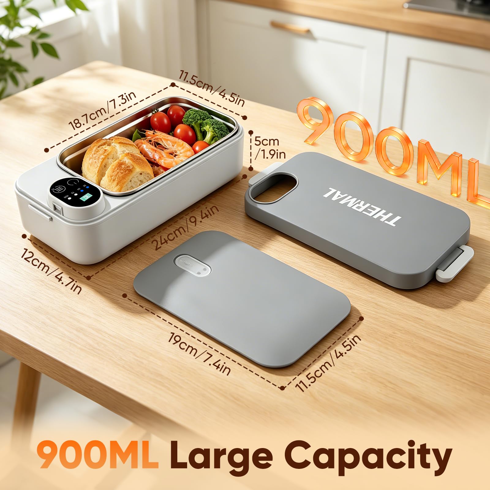 Fiambrera eléctrica con batería de 7200 mAh, fiambrera térmica de 900 ml para comida caliente, USB-C Heatbox acero inoxidable, sin BPA y antiadherente, caja bento reutilizable para trabajo